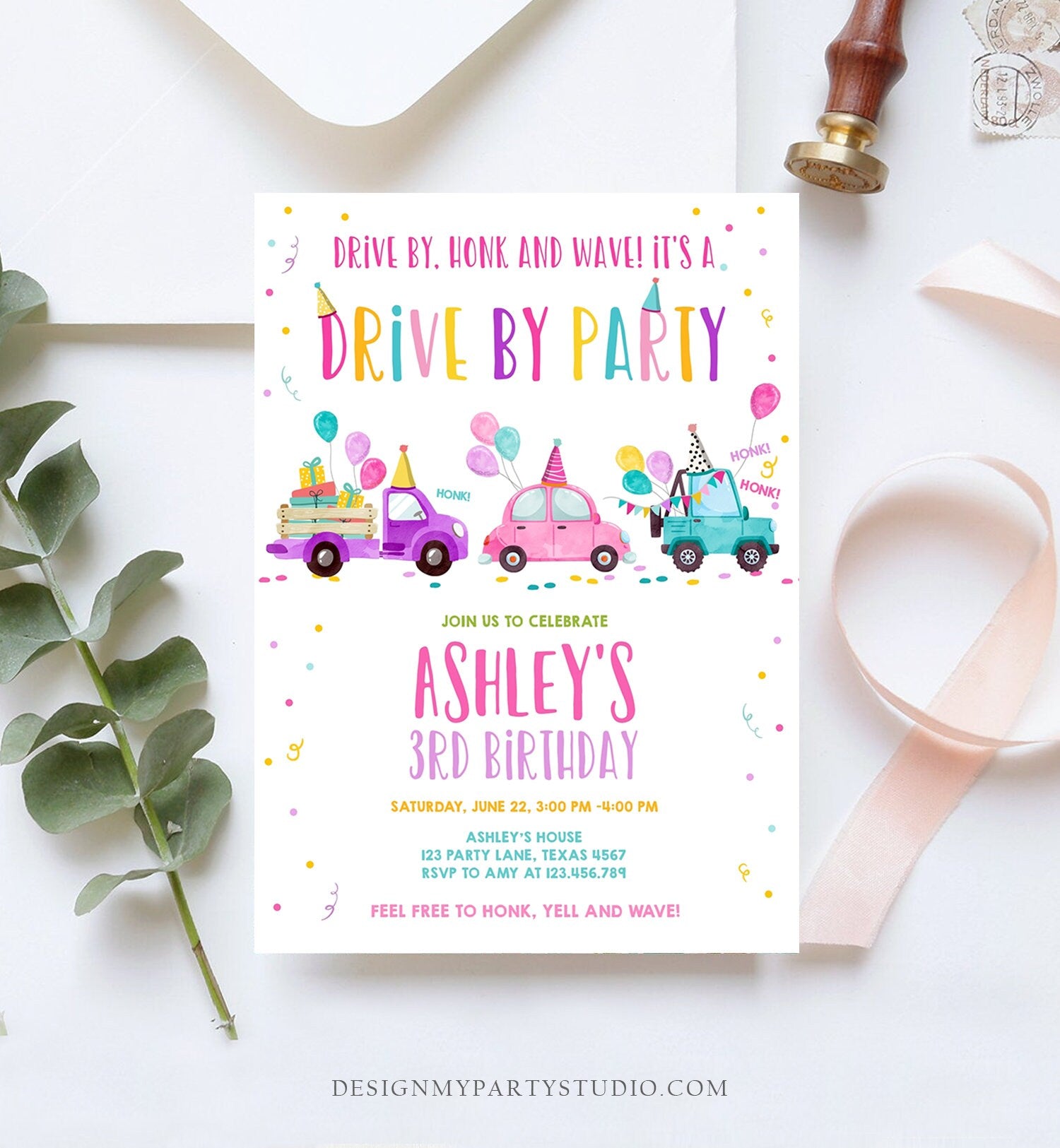 Editable Drive By Birthday Parade Invitation Virtual Party Invite Honk Wave Car Girl Pink Quarantine Instant Download Digital Corjl 0333