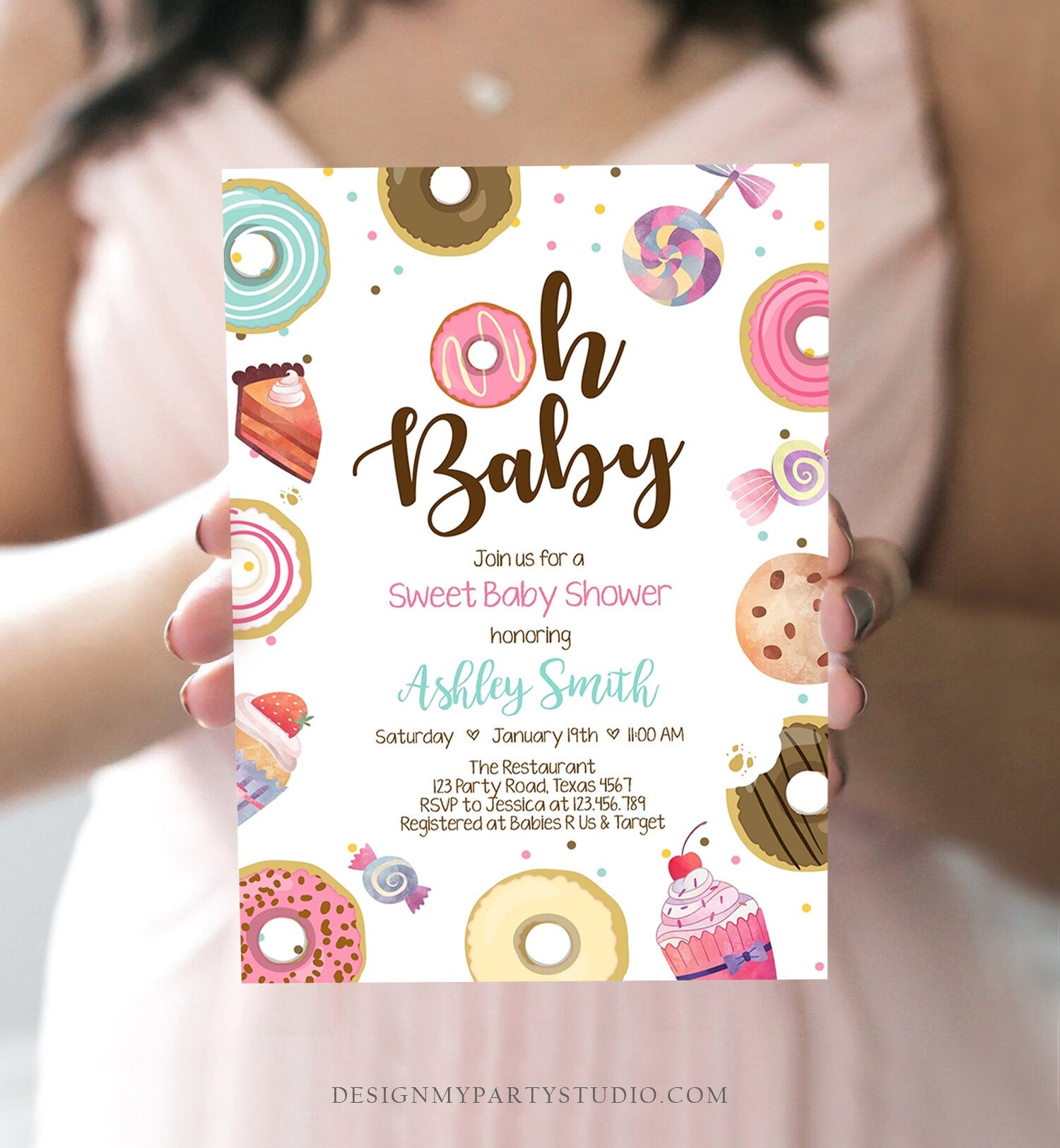 Editable Sweet Baby Shower Invitation Oh Baby Coed Shower Donut Candy Invite Sweet Shoppe Pink Girl Download Corjl Template Printable 0339