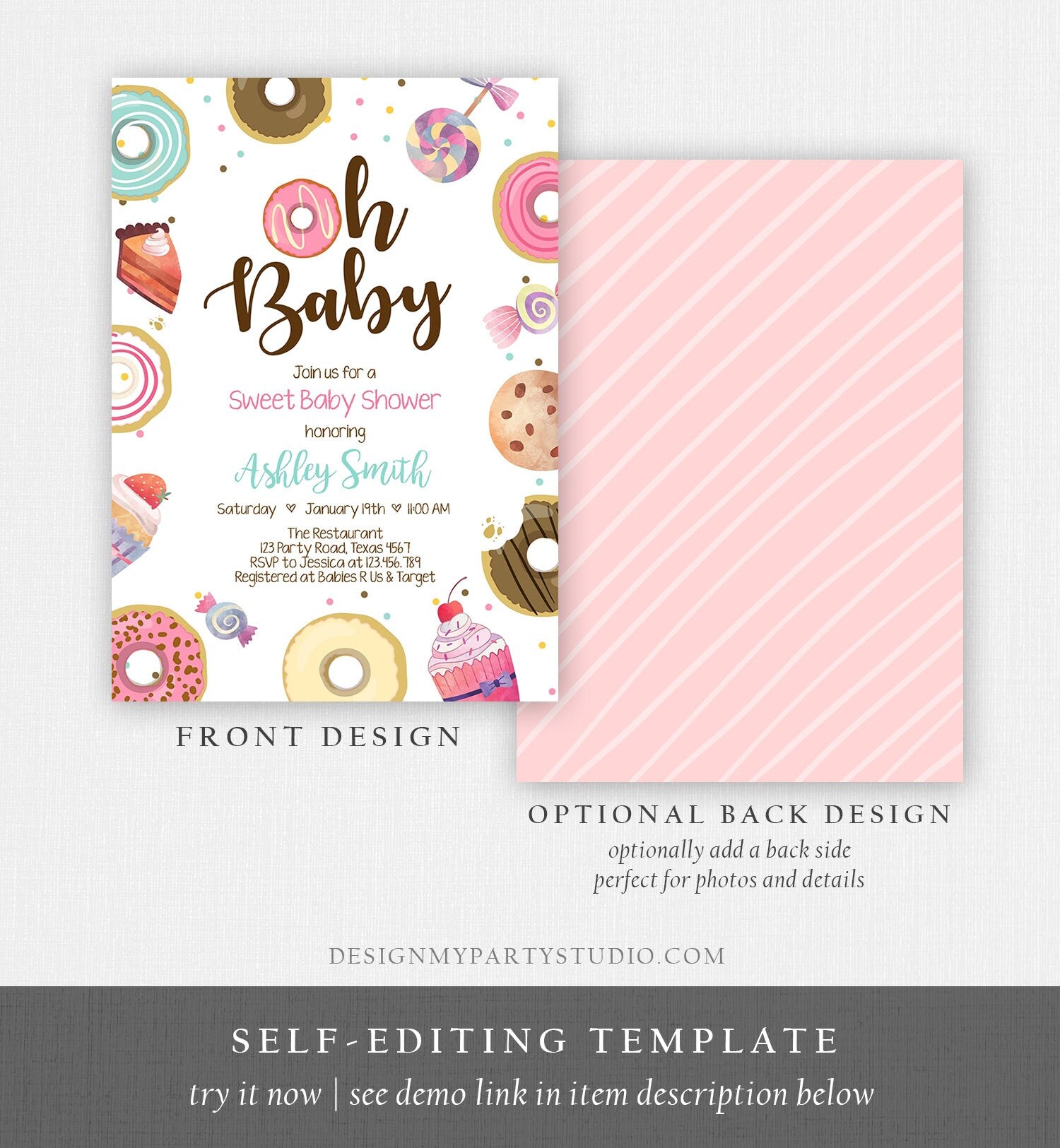 Editable Sweet Baby Shower Invitation Oh Baby Coed Shower Donut Candy Invite Sweet Shoppe Pink Girl Download Corjl Template Printable 0339