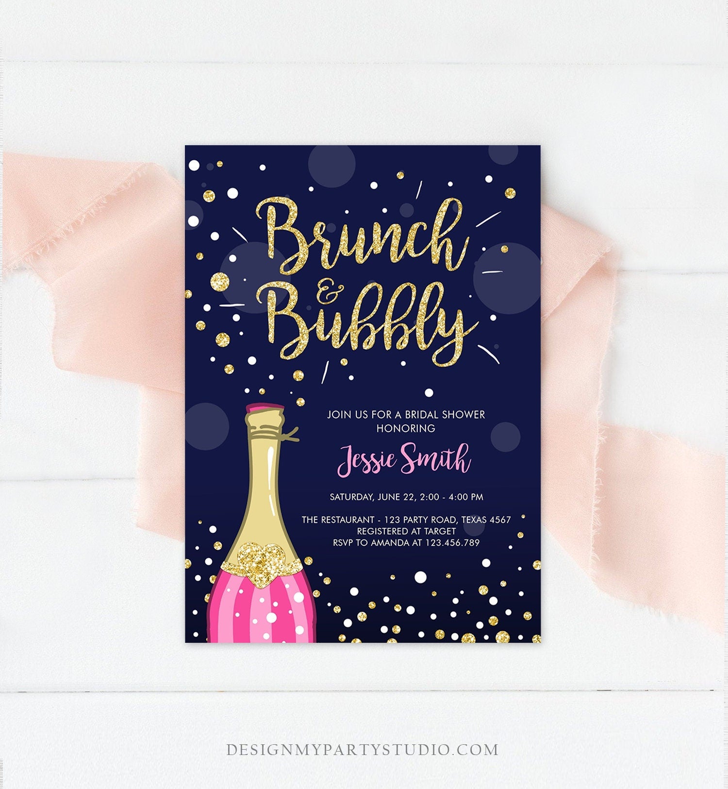 Editable Brunch and Bubbly Bridal Shower Invitation Floral Champagne Gold Pink Wedding Download Printable Template Digital Corjl 0051