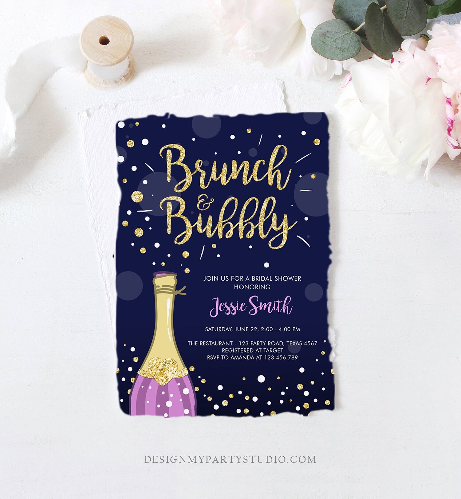 Editable Brunch and Bubbly Bridal Shower Invitation Floral Champagne Burgundy Gold Wedding Download Printable Template Digital Corjl 0051