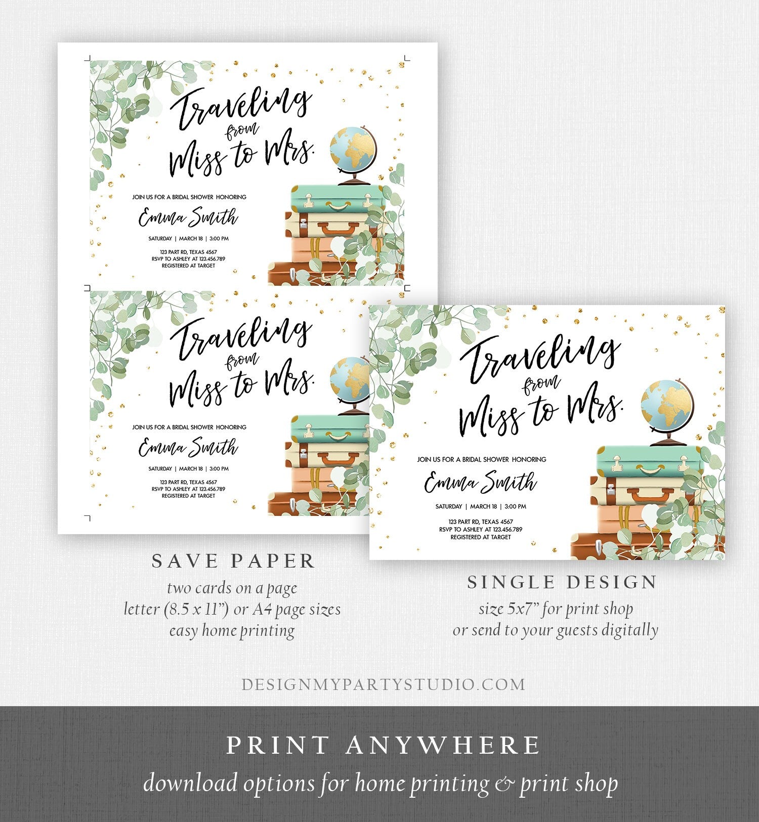 Editable Miss to Mrs Travel Bridal Shower Invitation Eucalyptus Globe Suitcase Greenery Traveling Download Printable Corjl Template 0030