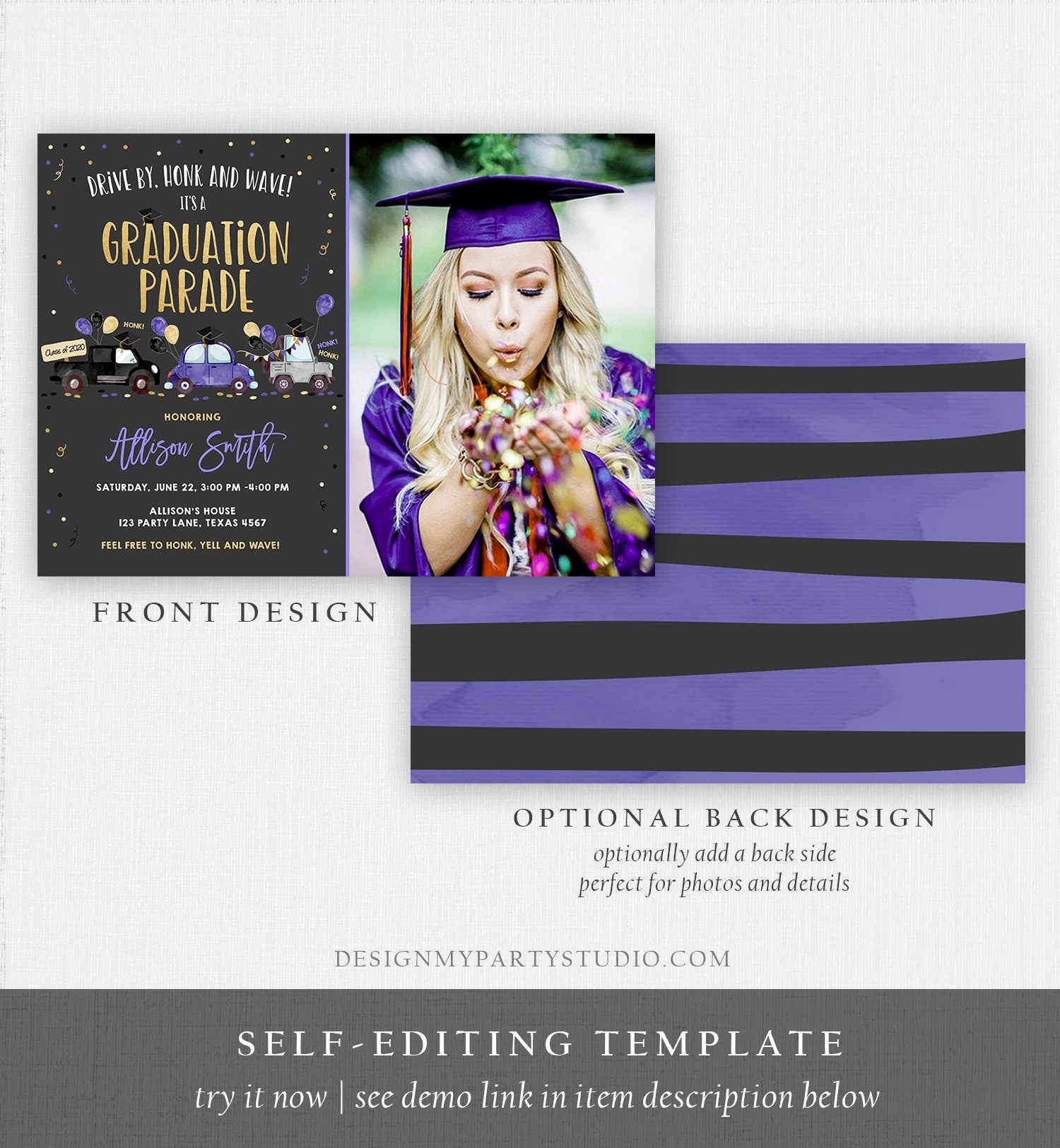 Editable Drive By Graduation Parade Invitation Virtual Party Blue Girl Graduate High School Grad Class 2021 Quarantine Digital Corjl 0337