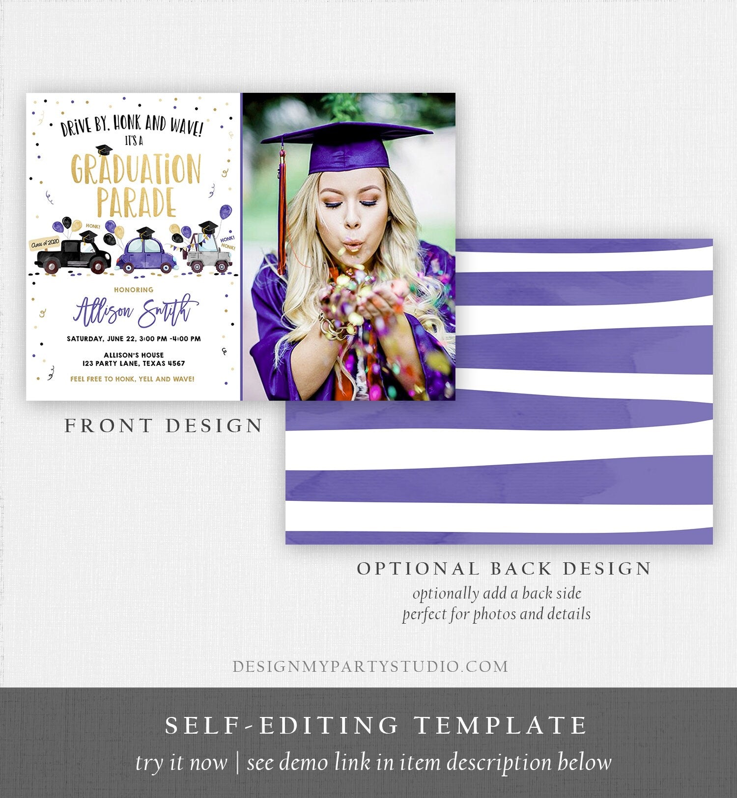 Editable Drive By Graduation Parade Invitation Virtual Party Blue Girl Graduate High School Grad Class 2021 Quarantine Digital Corjl 0337