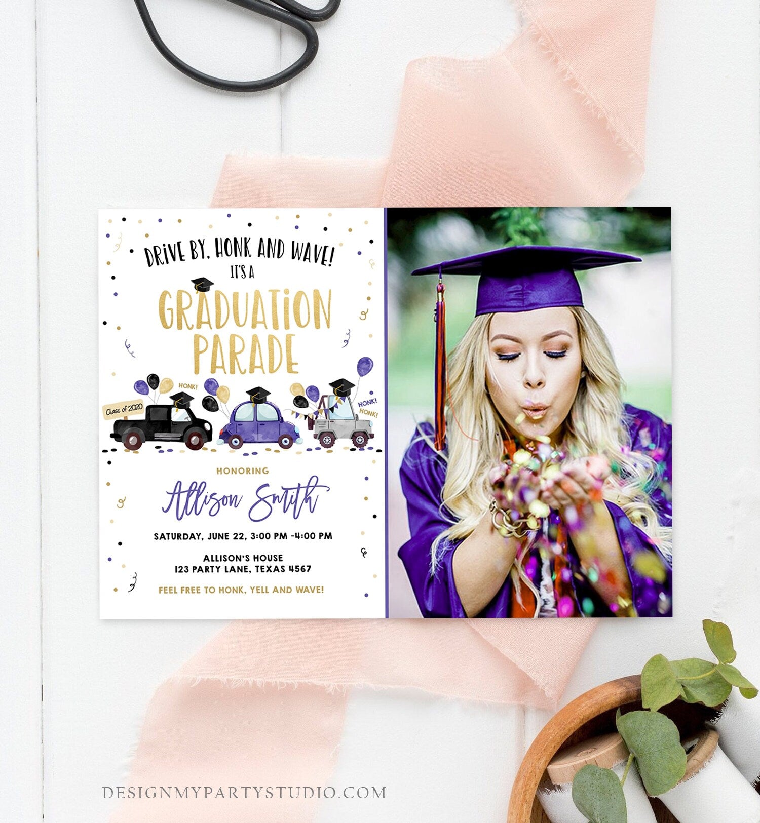 Editable Drive By Graduation Parade Invitation Virtual Party Blue Girl Graduate High School Grad Class 2021 Quarantine Digital Corjl 0337