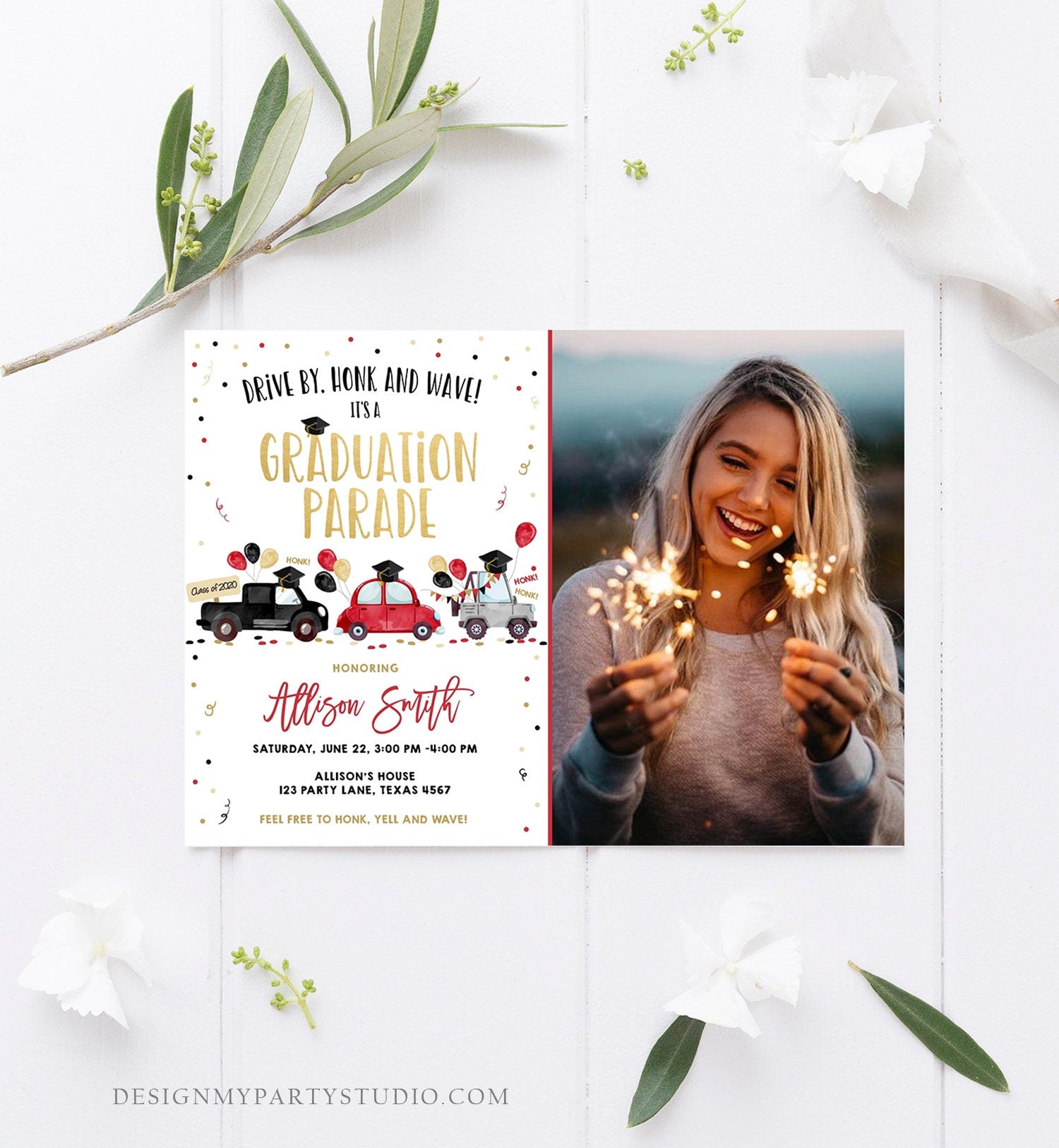 Editable Drive By Graduation Parade Invitation Virtual Party Red Girl Graduate High School Grad Class 2021 Quarantine Digital Corjl 0337