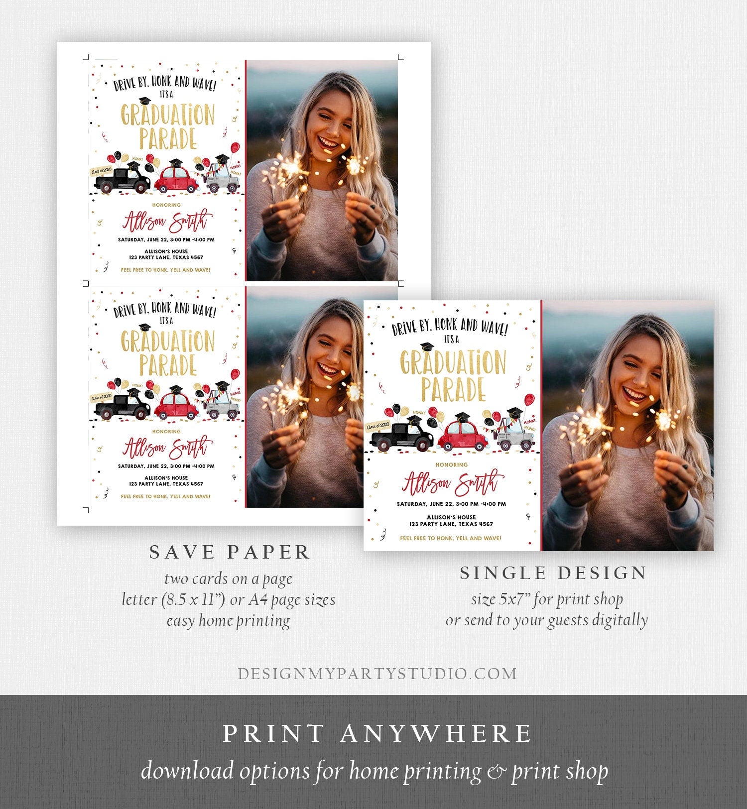 Editable Drive By Graduation Parade Invitation Virtual Party Red Girl Graduate High School Grad Class 2021 Quarantine Digital Corjl 0337