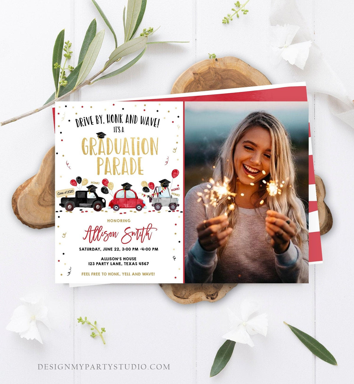 Editable Drive By Graduation Parade Invitation Virtual Party Red Girl Graduate High School Grad Class 2021 Quarantine Digital Corjl 0337