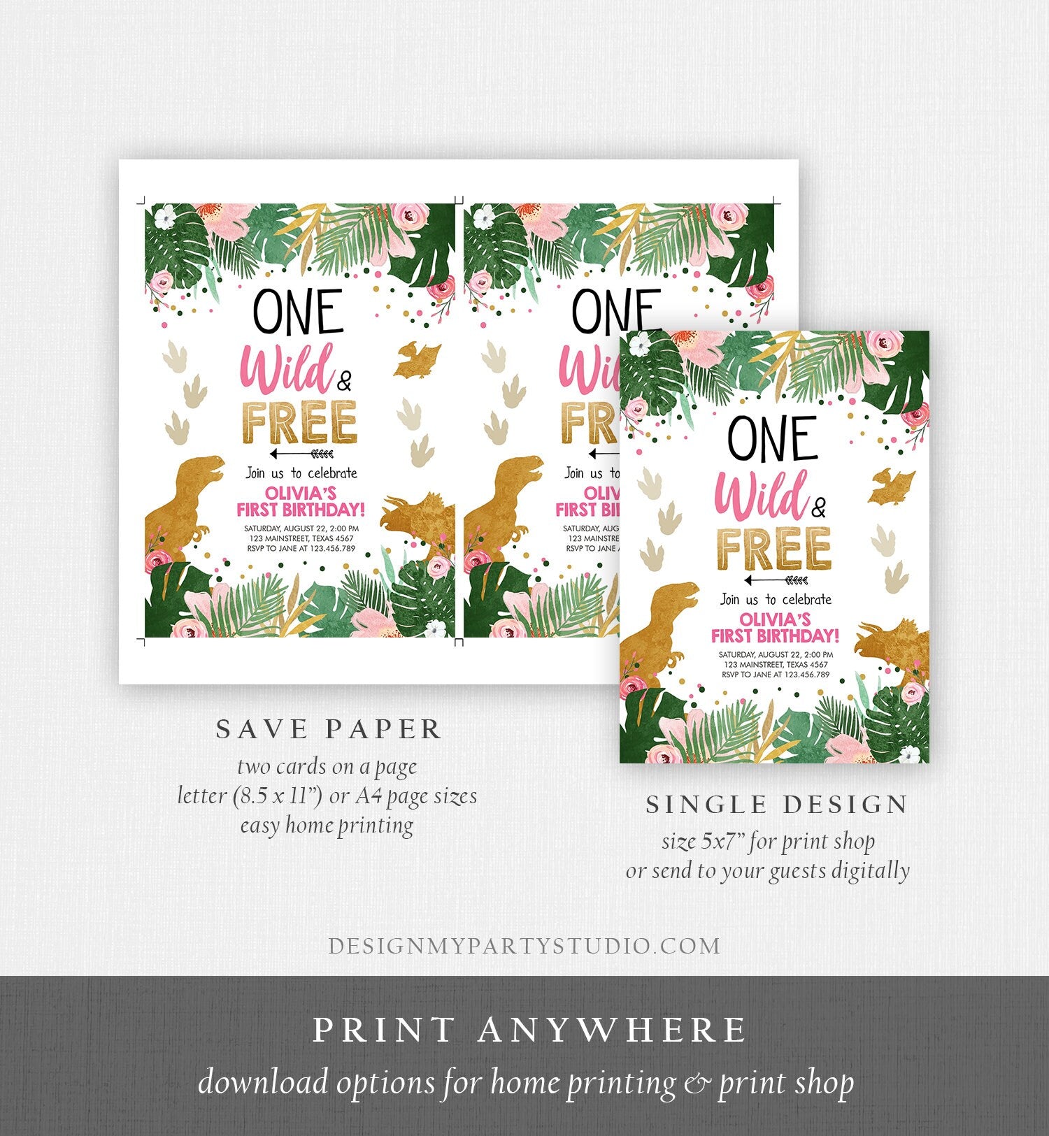 Editable One Wild and Free Dinosaur Birthday Invitation Dinosaur Party Girl Pink Gold First Birthday 1st Corjl Template Digital 0146