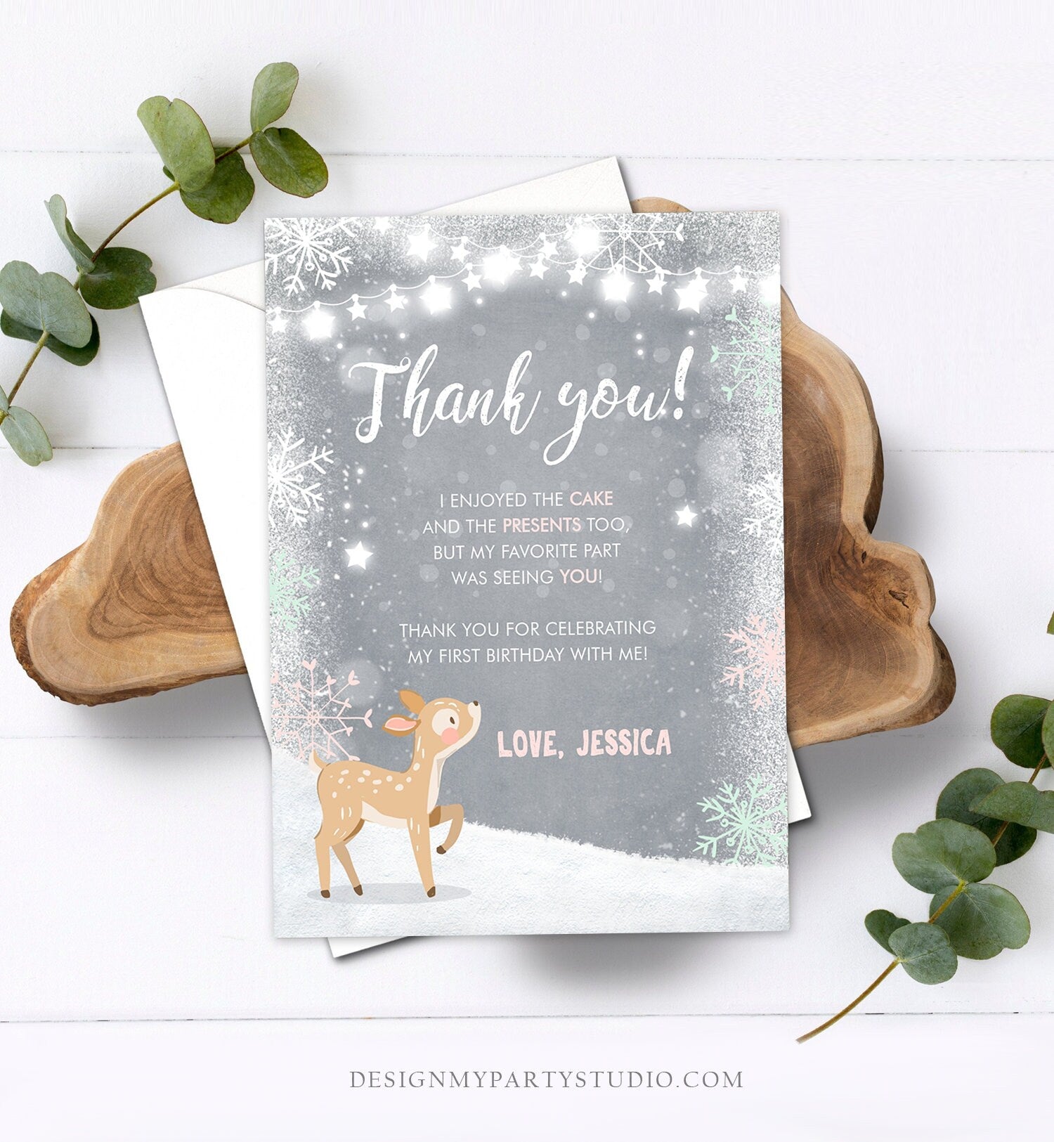 Editable Winter ONEderland Thank You Card Birthday First Birthday Snow Snowflake Girl Pink Mint Grey Deer Printable Template Corjl 0109