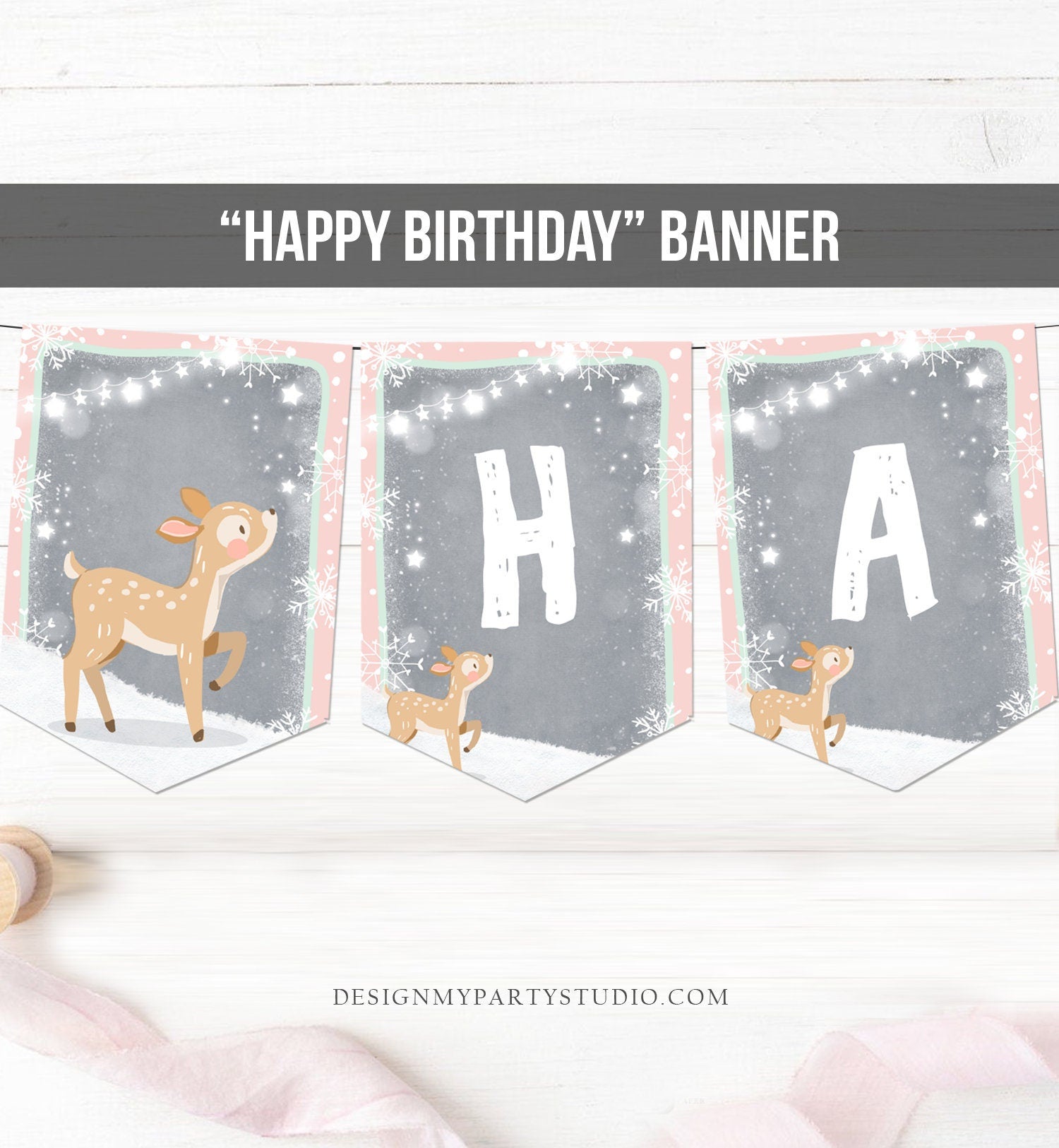 Happy Birthday Banner Winter Onederland Birthday Banner Deer Pink Snow First Birthday Decor Winter Wonderland Download Printable 0073