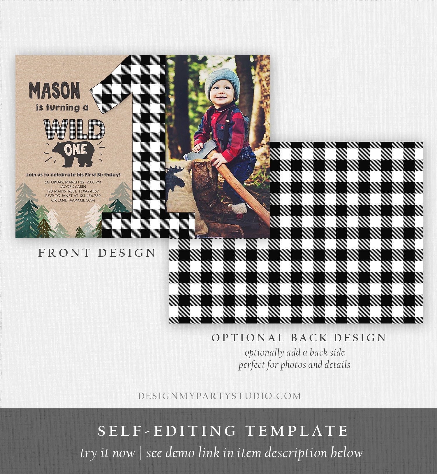 Editable Lumberjack Wild One Birthday Invitation First Birthday Forest Trees Black White Plaid Outdoor Bear Boy 1st Corjl Template 0026