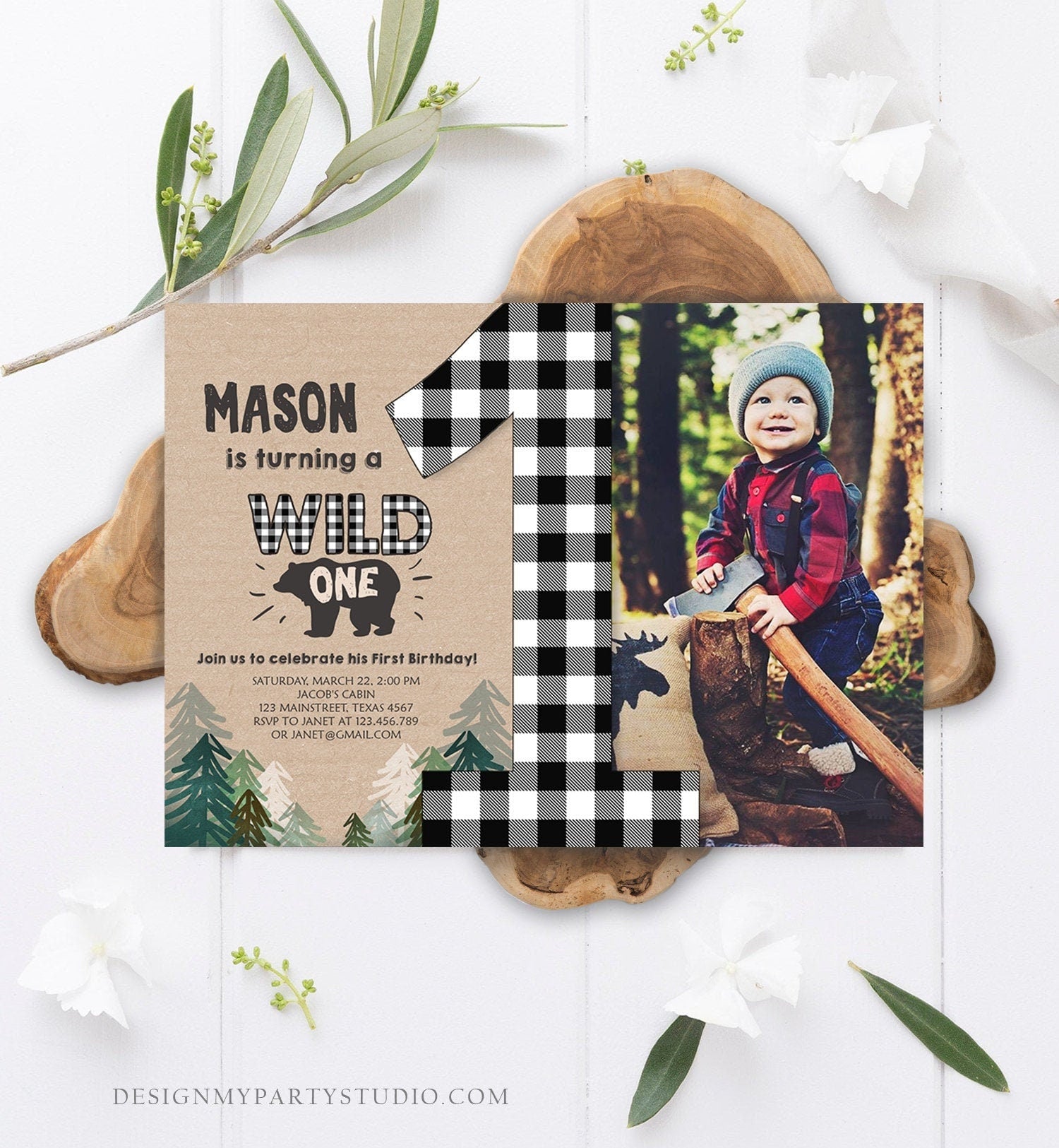 Editable Lumberjack Wild One Birthday Invitation First Birthday Forest Trees Black White Plaid Outdoor Bear Boy 1st Corjl Template 0026