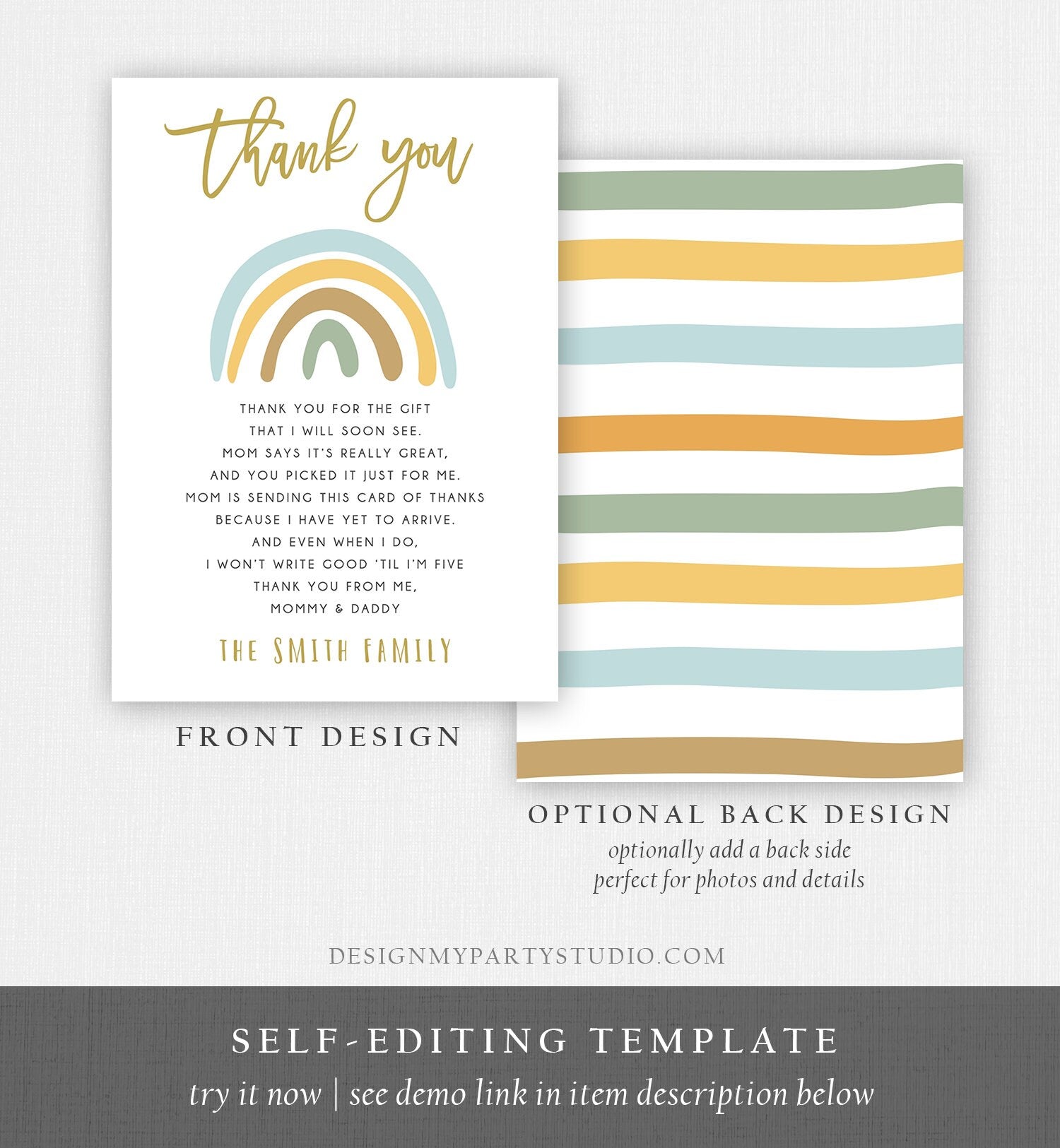 Editable Baby shower Thank you note Rainbow Thank You Rustic Boy Baby Shower Pastel Neutral Birthday Template Instant Download Corjl 0331