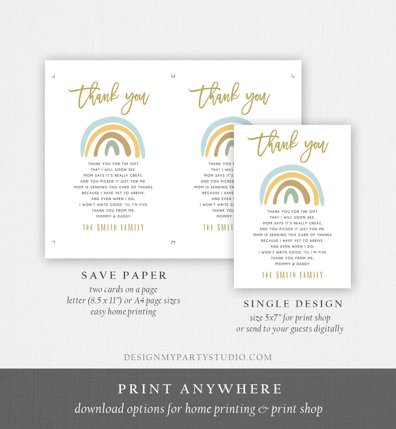 Editable Baby shower Thank you note Rainbow Thank You Rustic Boy Baby Shower Pastel Neutral Birthday Template Instant Download Corjl 0331