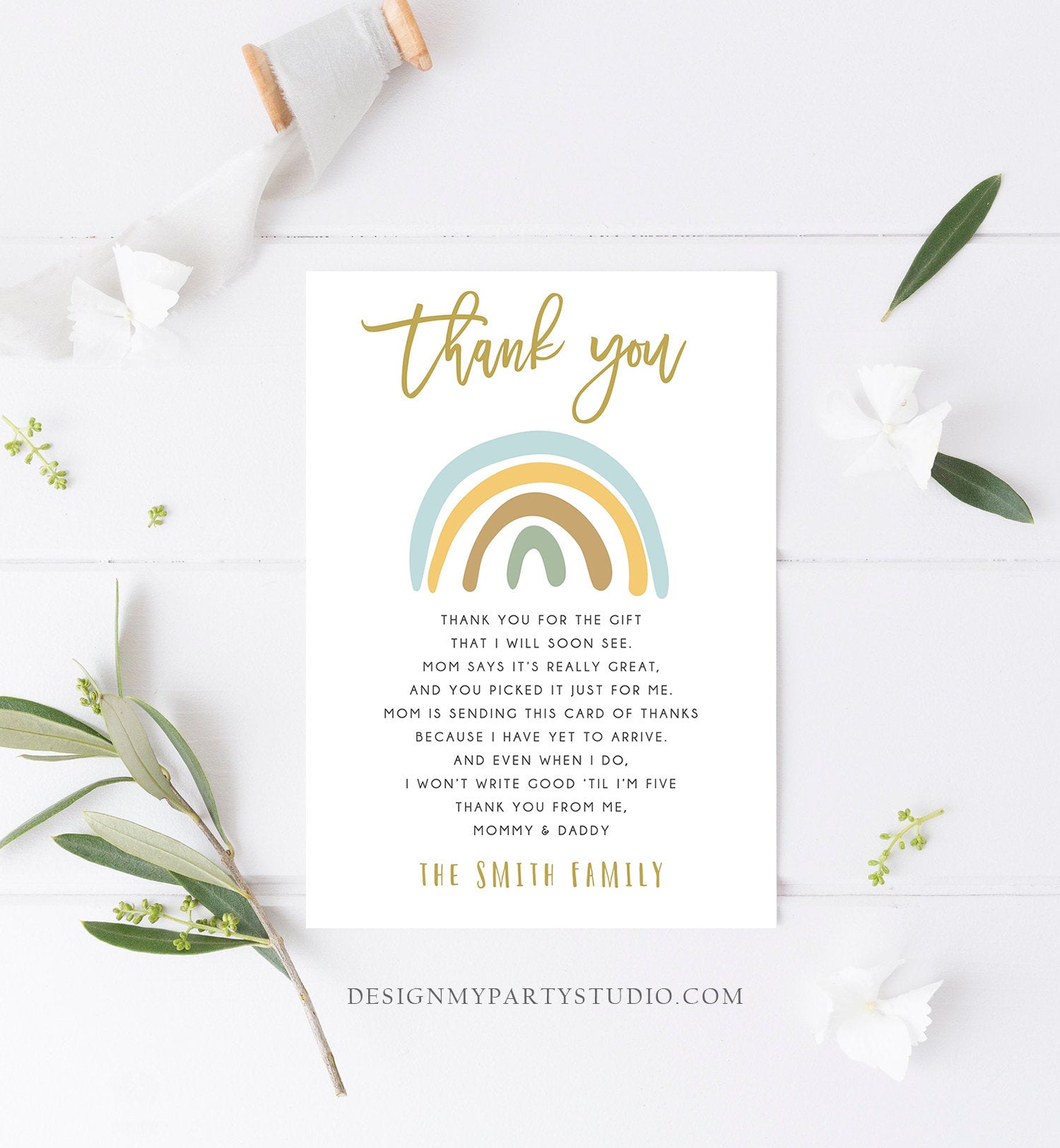 Editable Baby shower Thank you note Rainbow Thank You Rustic Boy Baby Shower Pastel Neutral Birthday Template Instant Download Corjl 0331