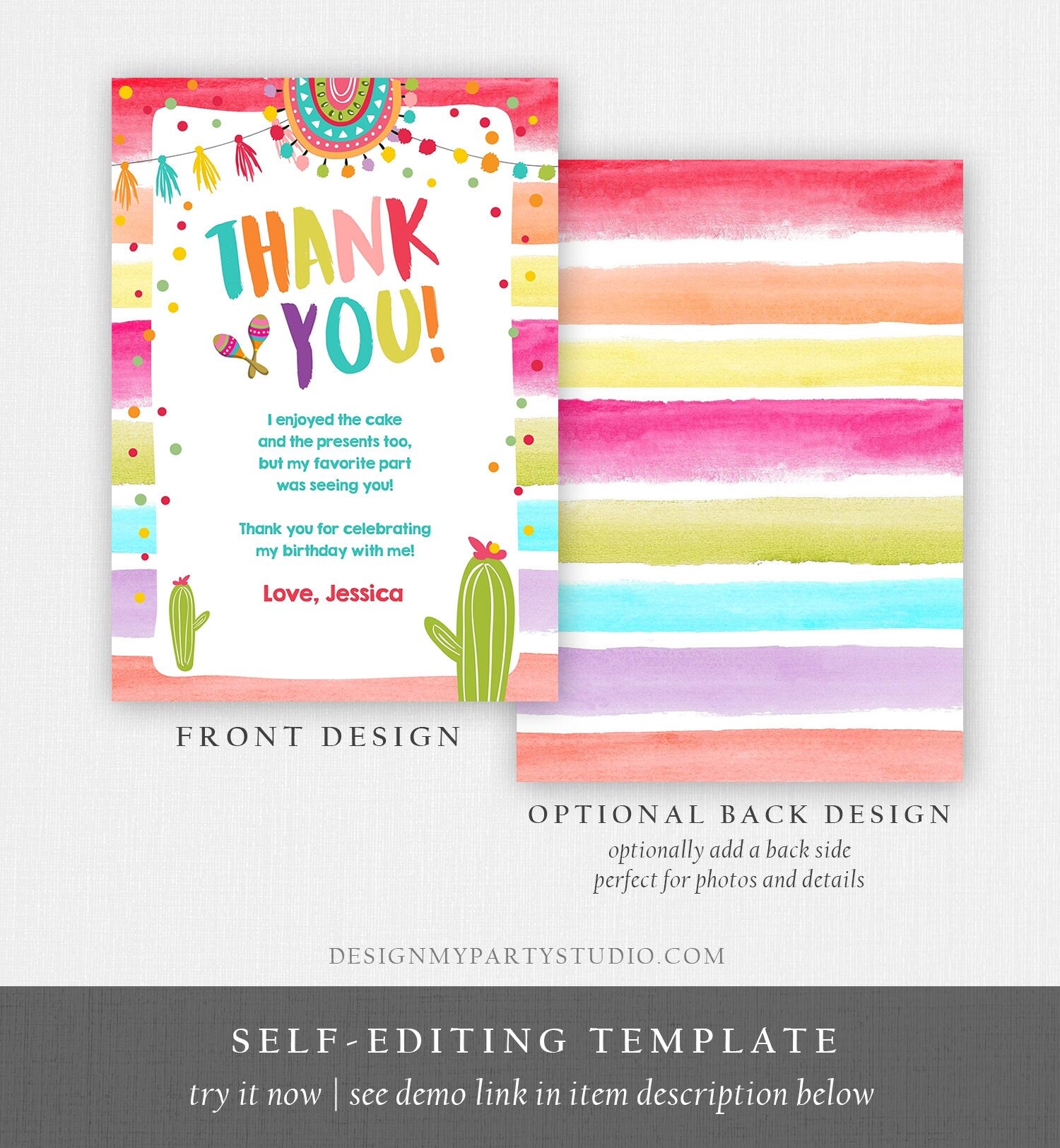 Editable Let's Fiesta Thank You Card Cactus Succulent First Birthday Party Girl 1st Mexican Uno Download Corjl Template Printable 0134