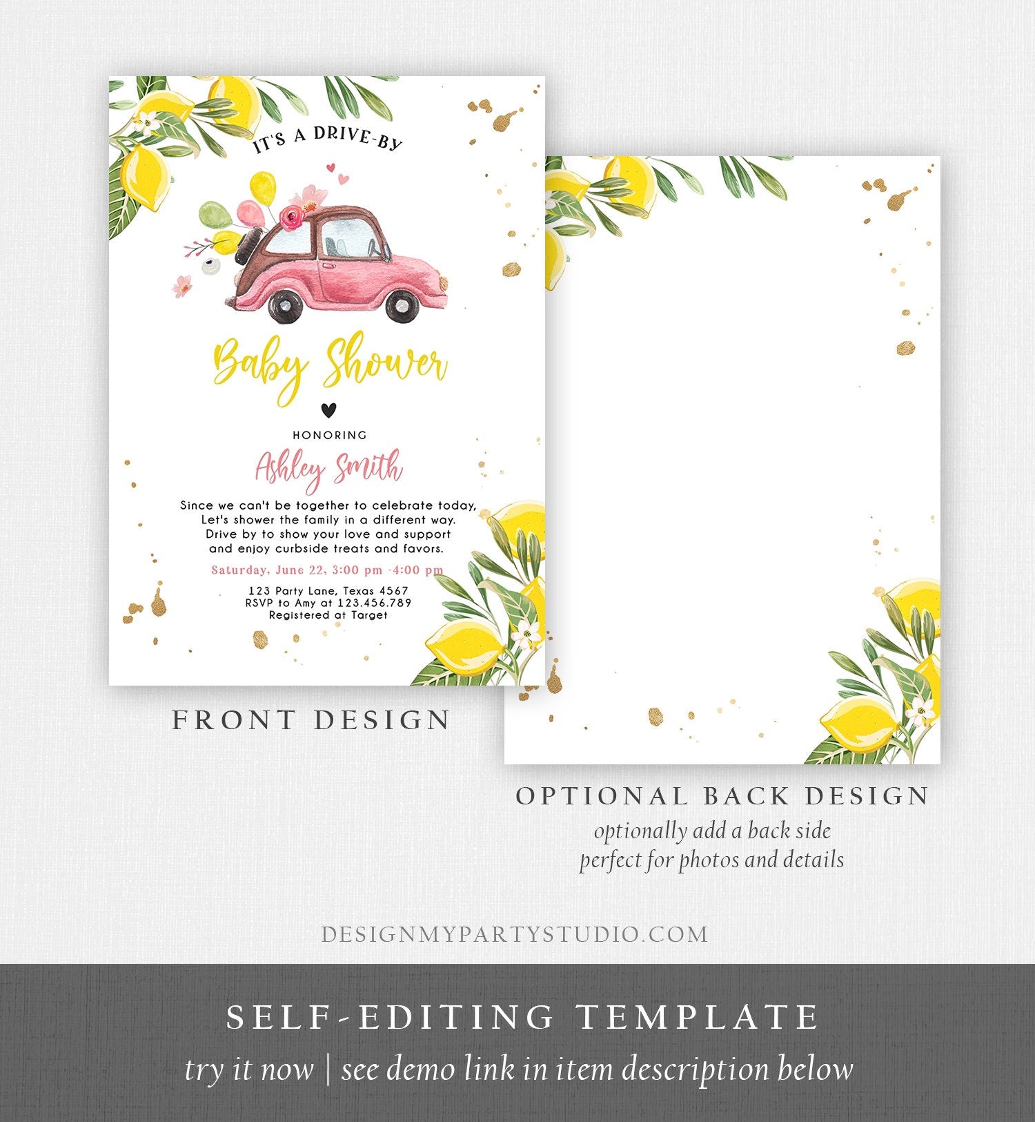 Editable Drive By Baby Shower Invitation Lemon Pink Girl Baby Shower Invite Drive Through Virtual Shower Lemons Template Download Corjl 0335