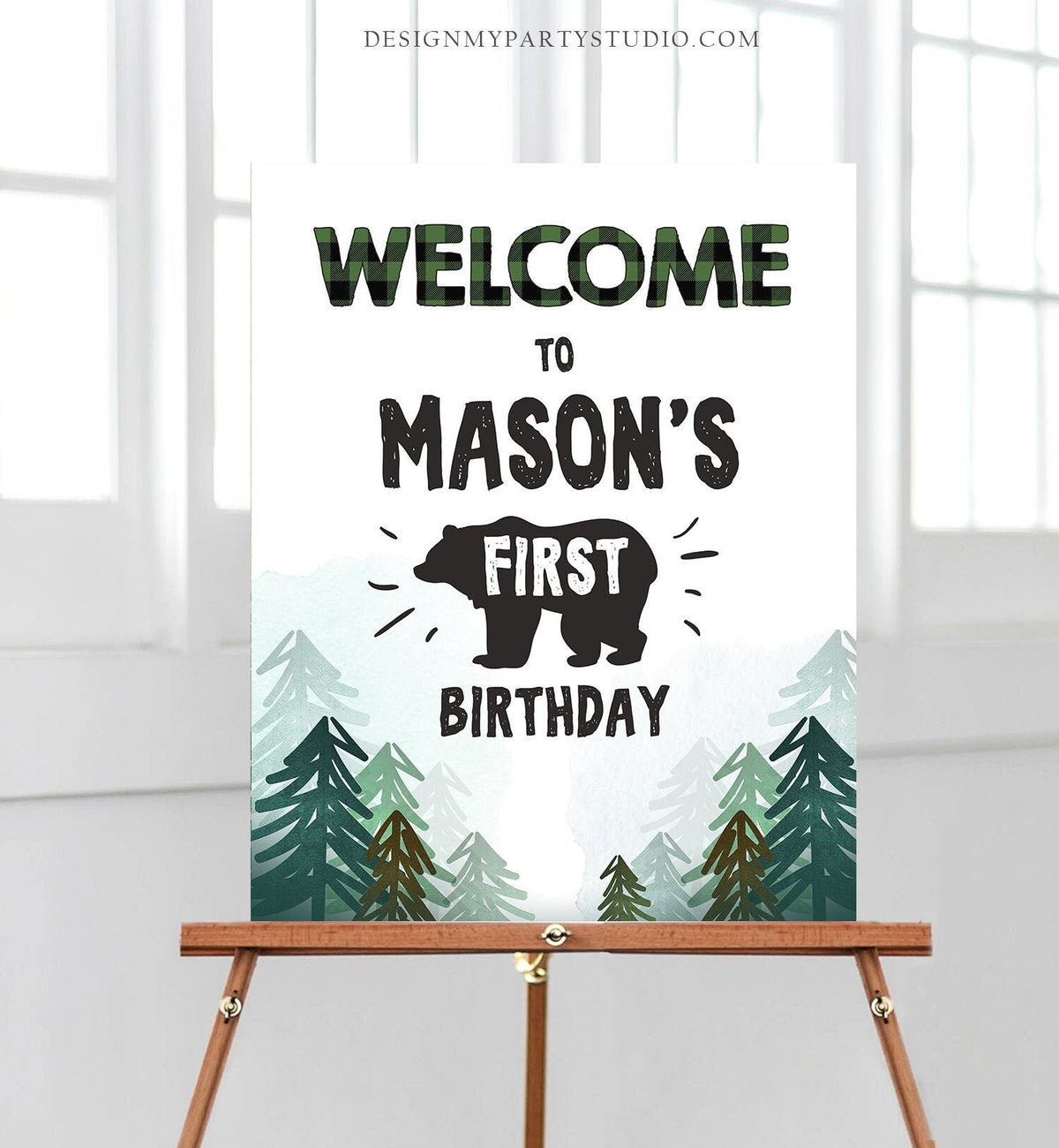 Editable Lumberjack Welcome Sign Lumberjack Birthday Sign Green Buffalo Plaid 1st Birthday Bear Wild One Trees Template Printable Corjl 0377