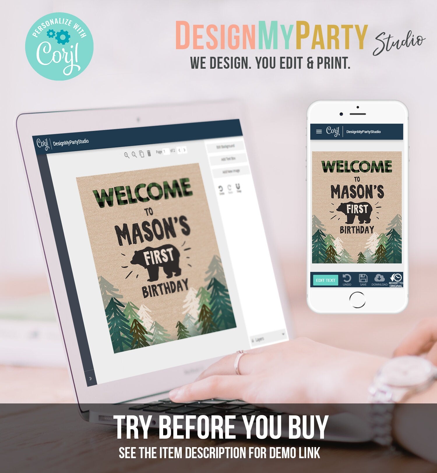 Editable Lumberjack Welcome Sign Lumberjack Birthday Sign Green Buffalo Plaid 1st Birthday Bear Wild One Trees Template Printable Corjl 0026