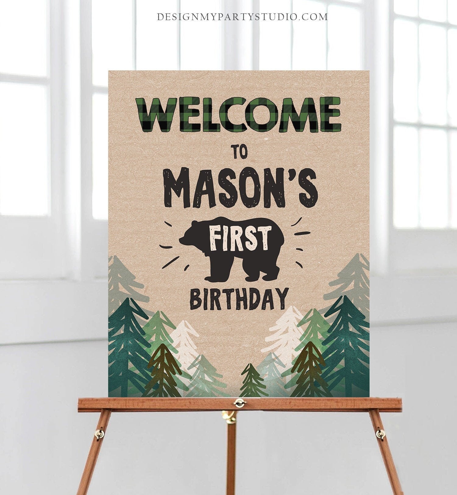 Editable Lumberjack Welcome Sign Lumberjack Birthday Sign Green Buffalo Plaid 1st Birthday Bear Wild One Trees Template Printable Corjl 0026