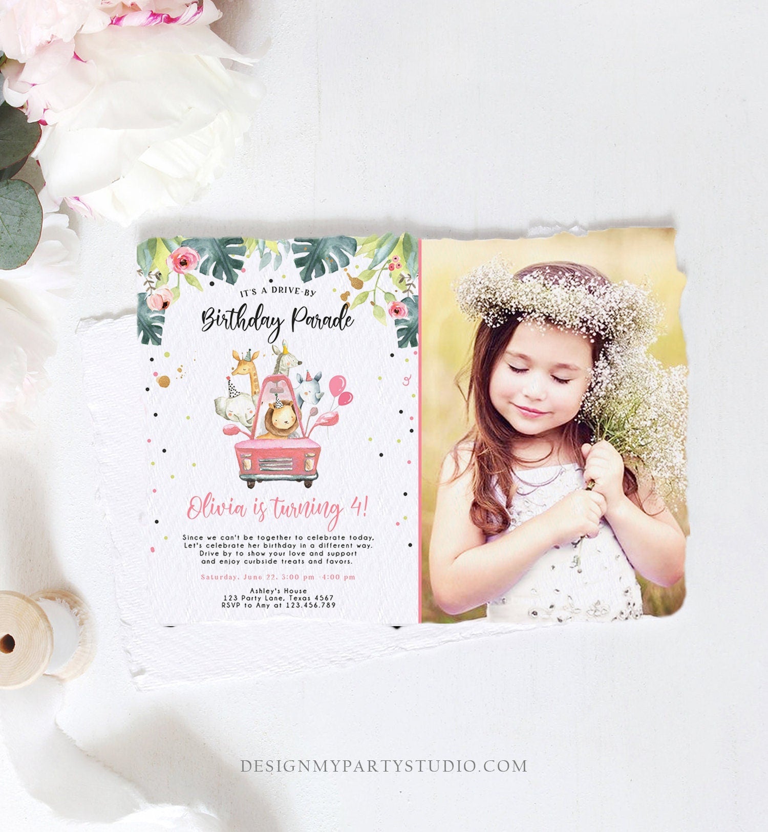 Editable Drive By Birthday Parade Invitation Girl Pink Gold Safari Animals Car Drive Through Quarantine Social Distancing Party Corjl 0345