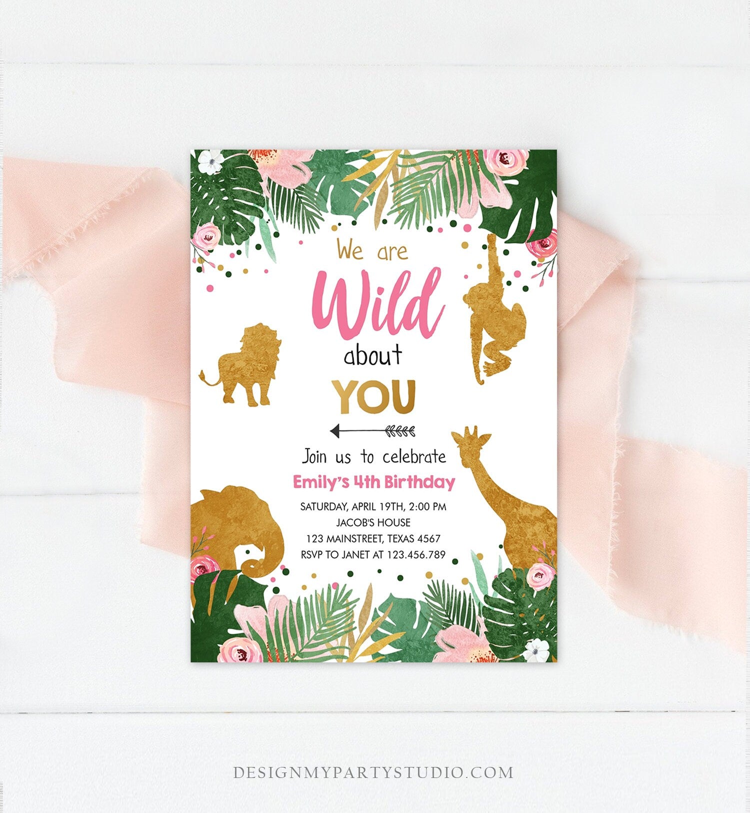 Editable Safari Animals Wild Birthday Invitation Wild About You Jungle Zoo Gold Girl Pink Adoption Foster Printable Corjl Template 0016