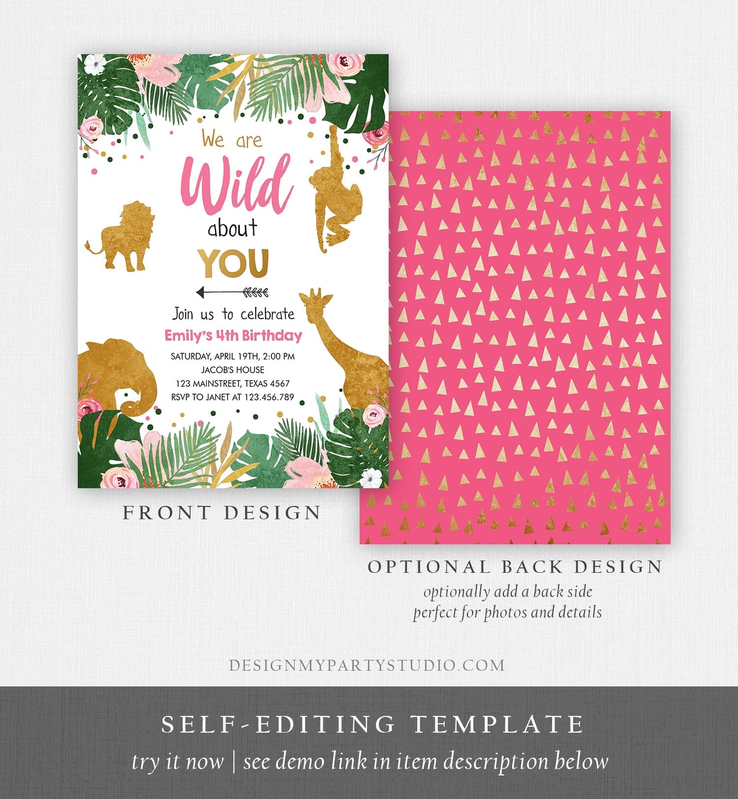 Editable Safari Animals Wild Birthday Invitation Wild About You Jungle Zoo Gold Girl Pink Adoption Foster Printable Corjl Template 0016