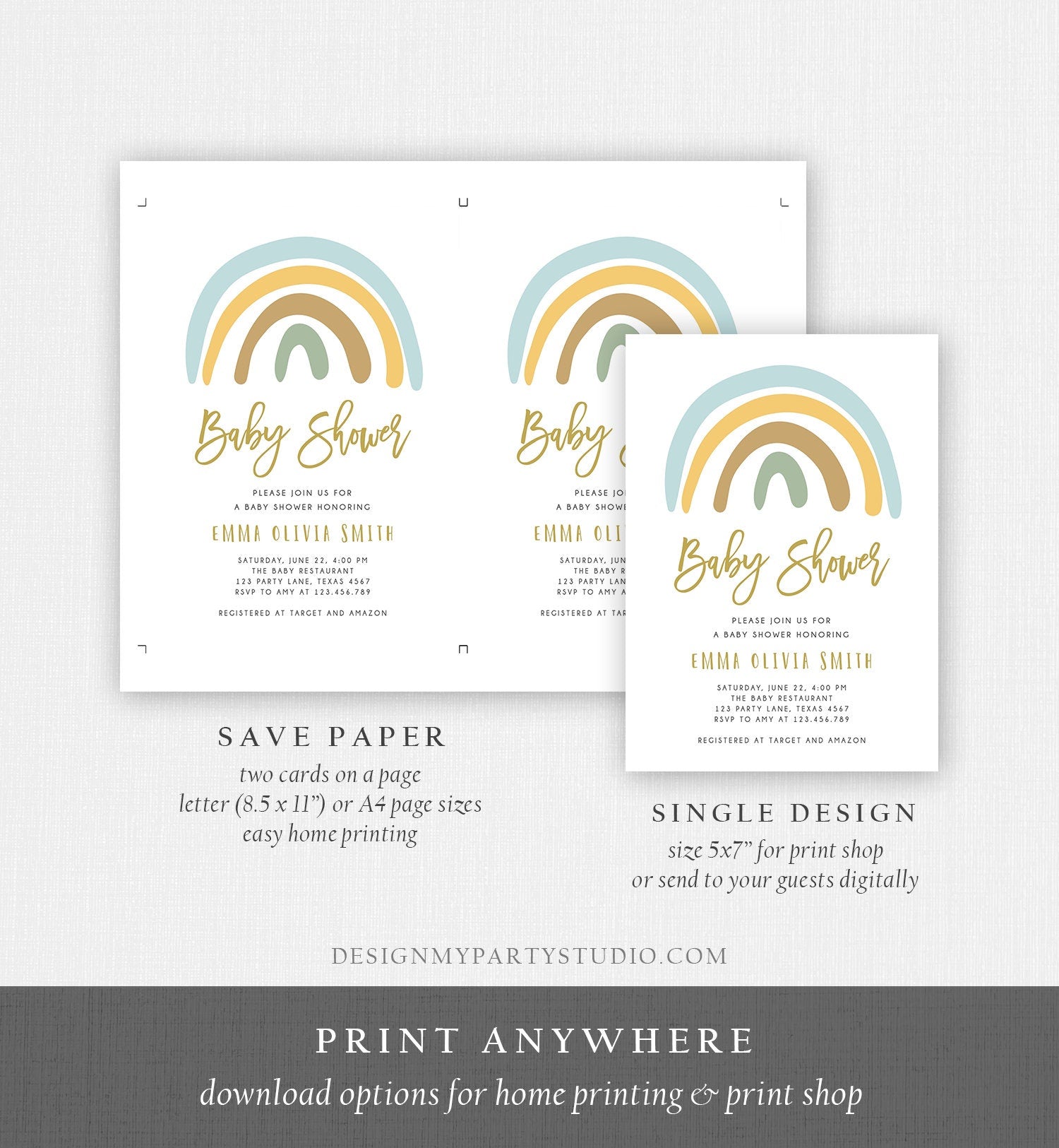 Editable Rainbow Baby Shower Invitation Muted Rainbow Invitation Gender Neutral Pastel Birthday Boy Blue Bow Download Corjl Template 0331