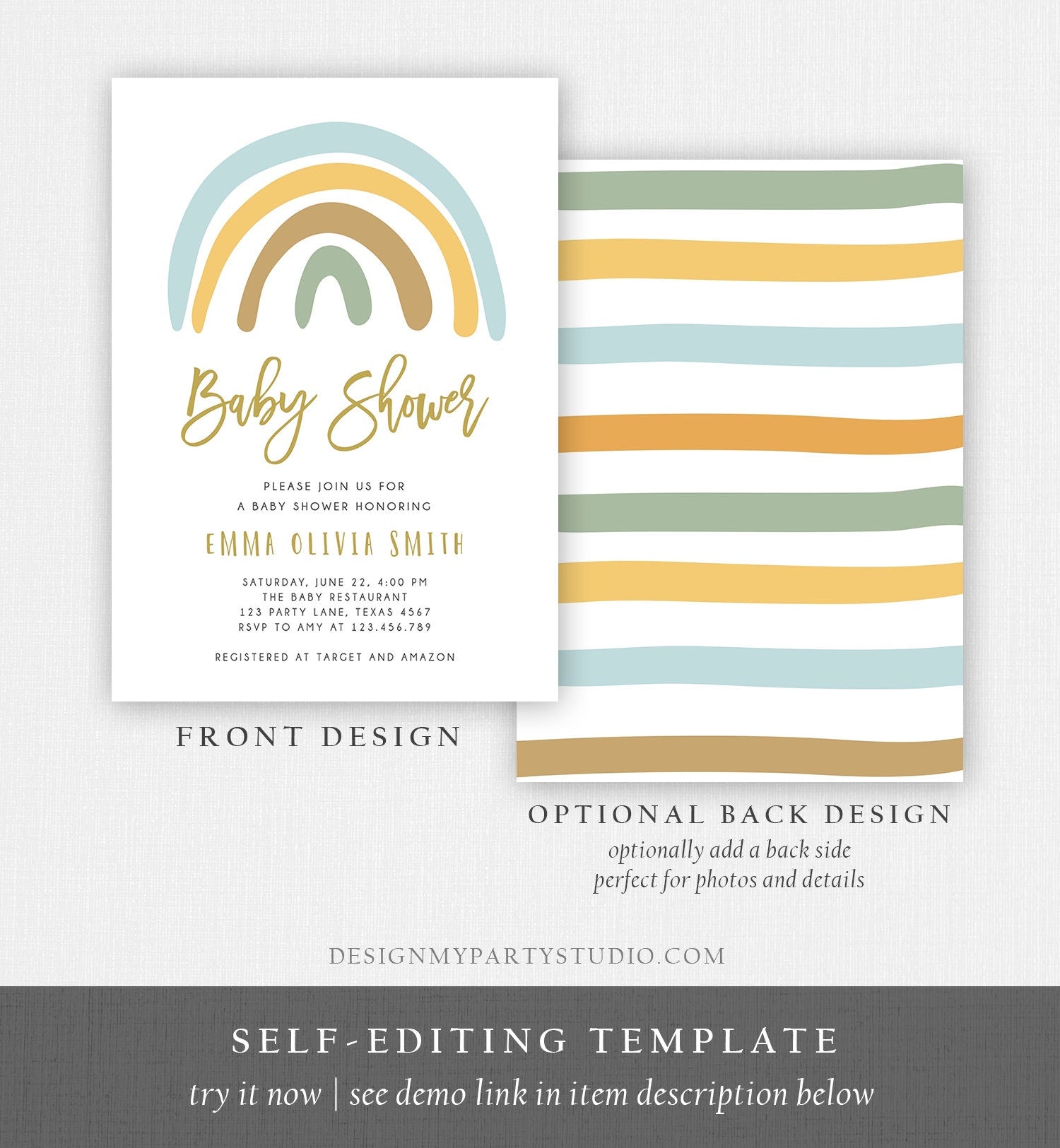 Editable Rainbow Baby Shower Invitation Muted Rainbow Invitation Gender Neutral Pastel Birthday Boy Blue Bow Download Corjl Template 0331