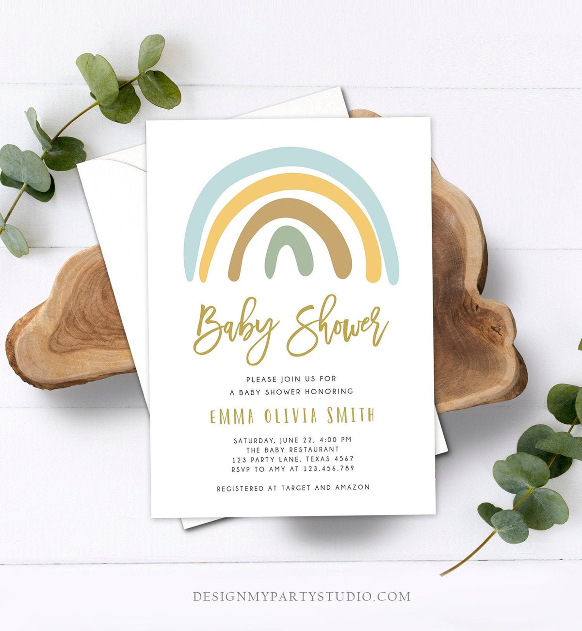 Editable Rainbow Baby Shower Invitation Muted Rainbow Invitation Gender Neutral Pastel Birthday Boy Blue Bow Download Corjl Template 0331