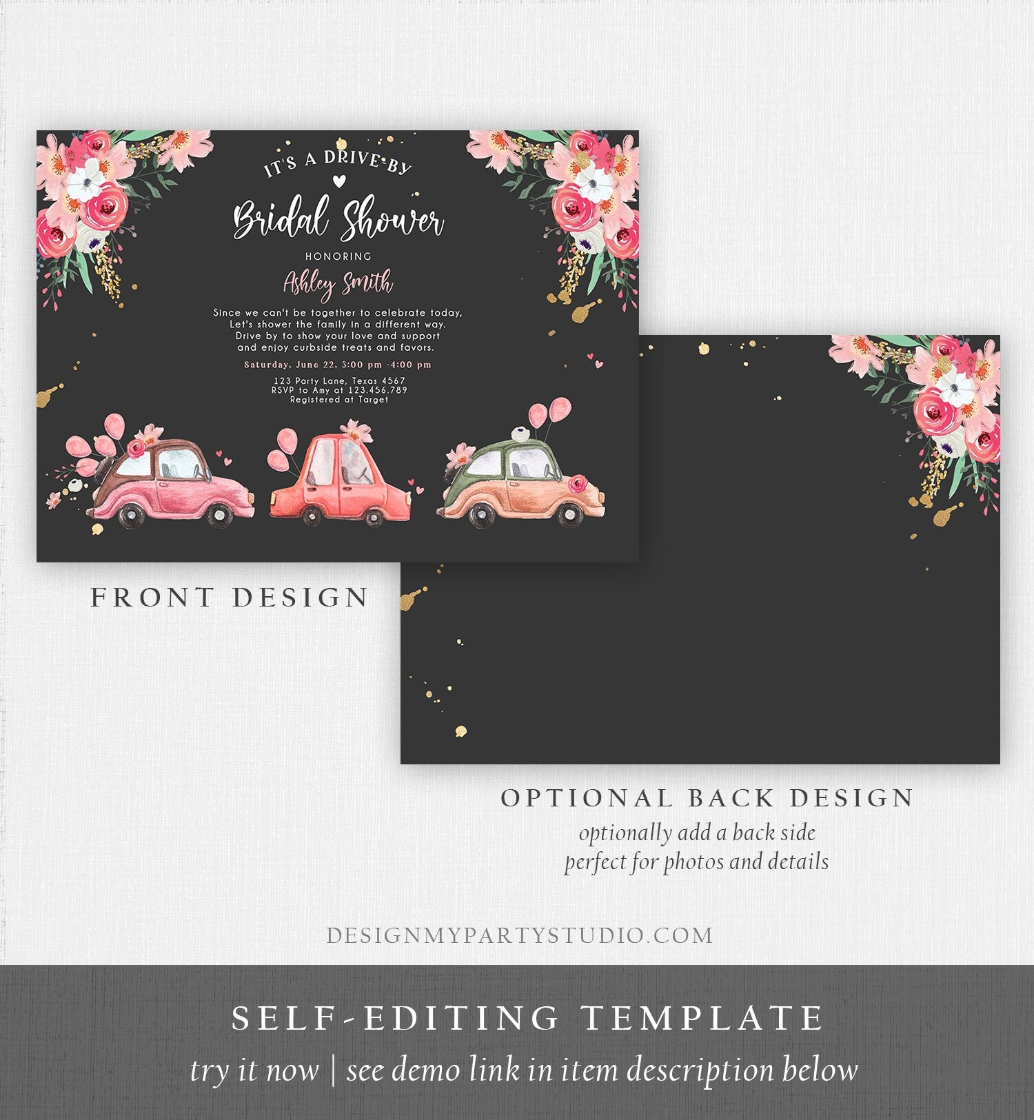 Editable Drive By Bridal Shower Invitation Couples Shower Invite Quarantine Drive Through Floral Wedding Shower Template Download Corjl 0335