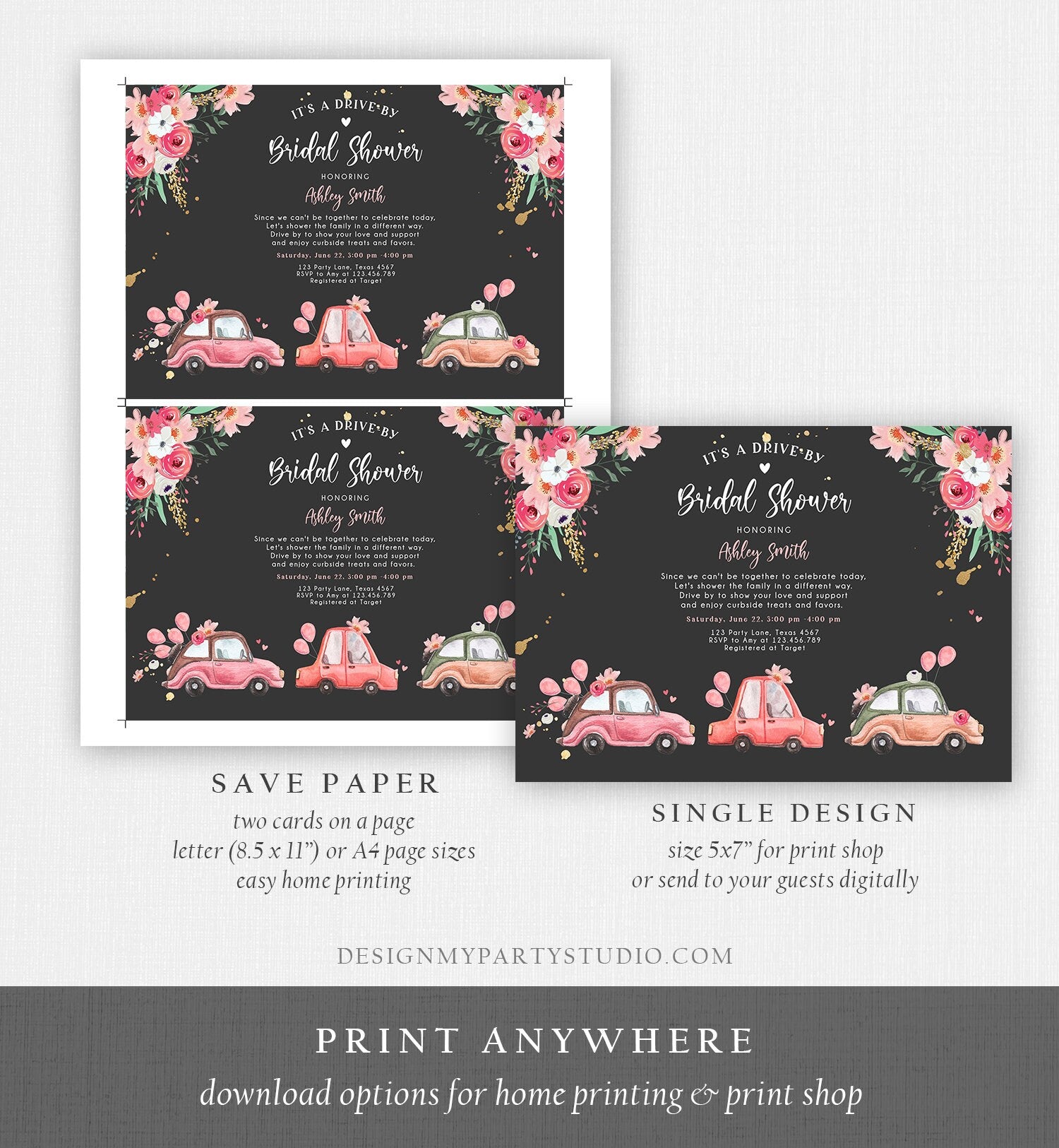 Editable Drive By Bridal Shower Invitation Couples Shower Invite Quarantine Drive Through Floral Wedding Shower Template Download Corjl 0335