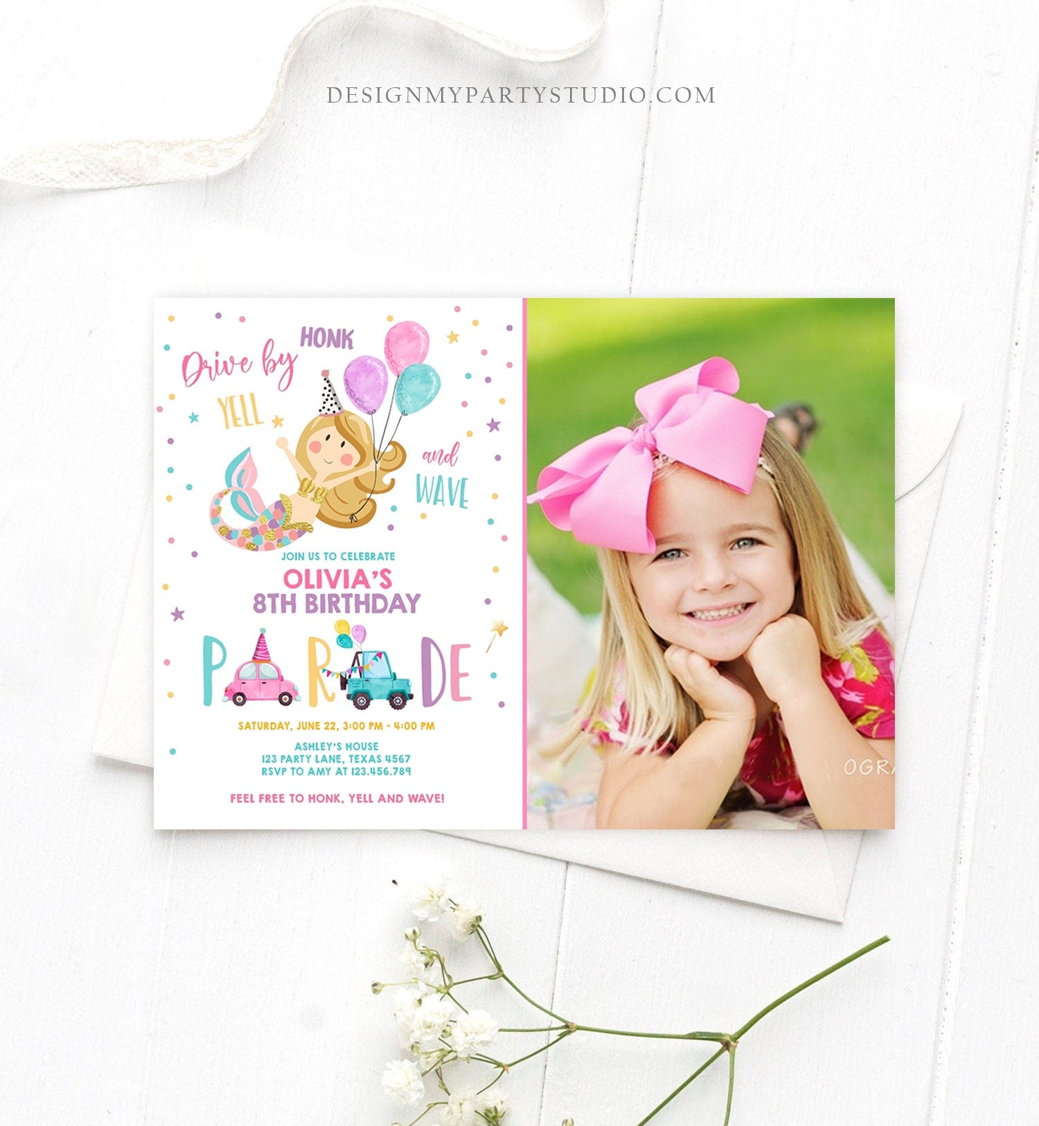 Editable Mermaid Drive By Birthday Parade Invitation Virtual Party Invite Honk Wave Car Girl Pink Quarantine Download Digital Corjl 0338