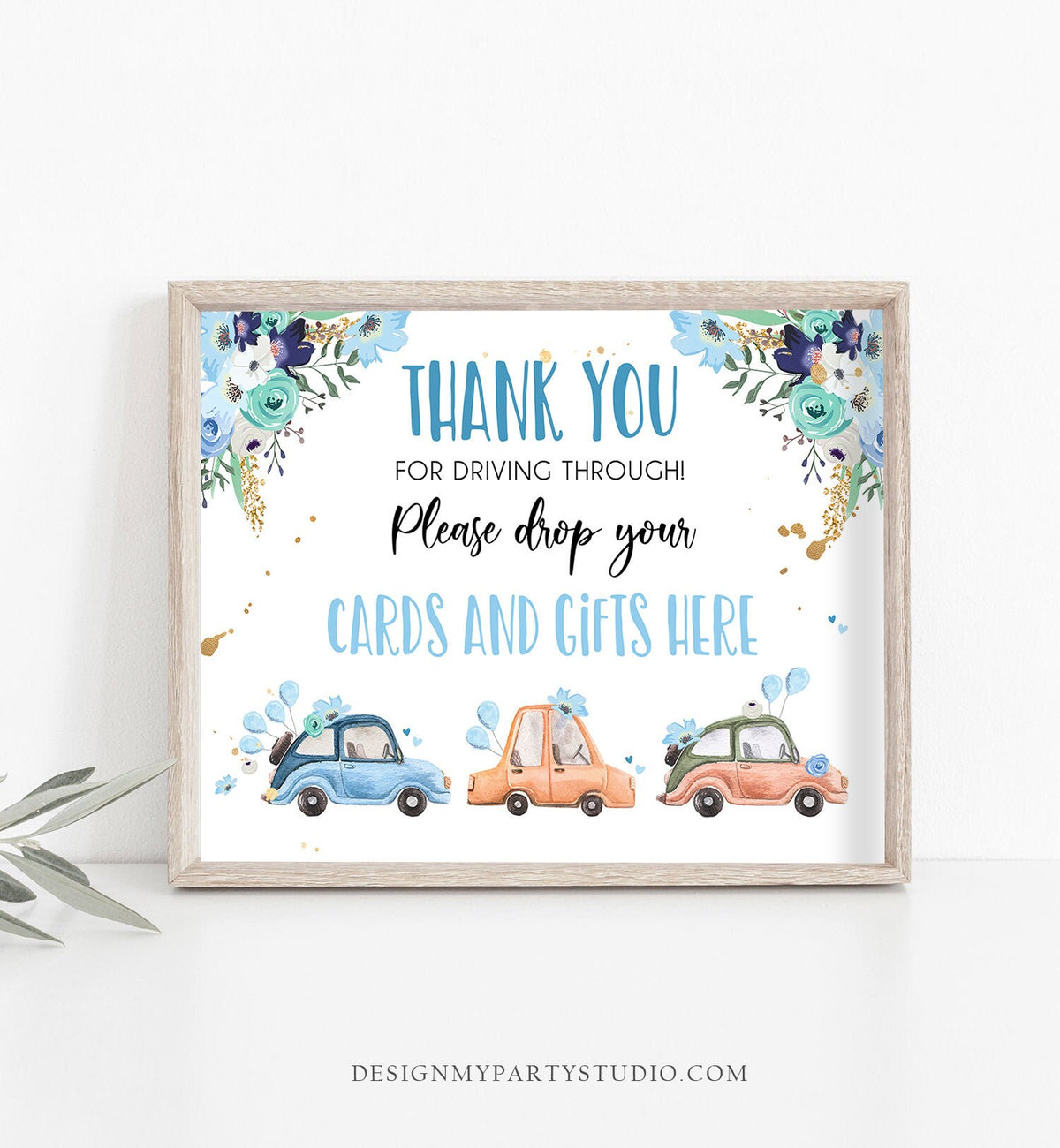 Drive By Cards and Gifts Yard Sign Thank You Birthday Bridal Shower Baby Shower Parade Sign Driving Through Sign Boy Blue Printable 0335