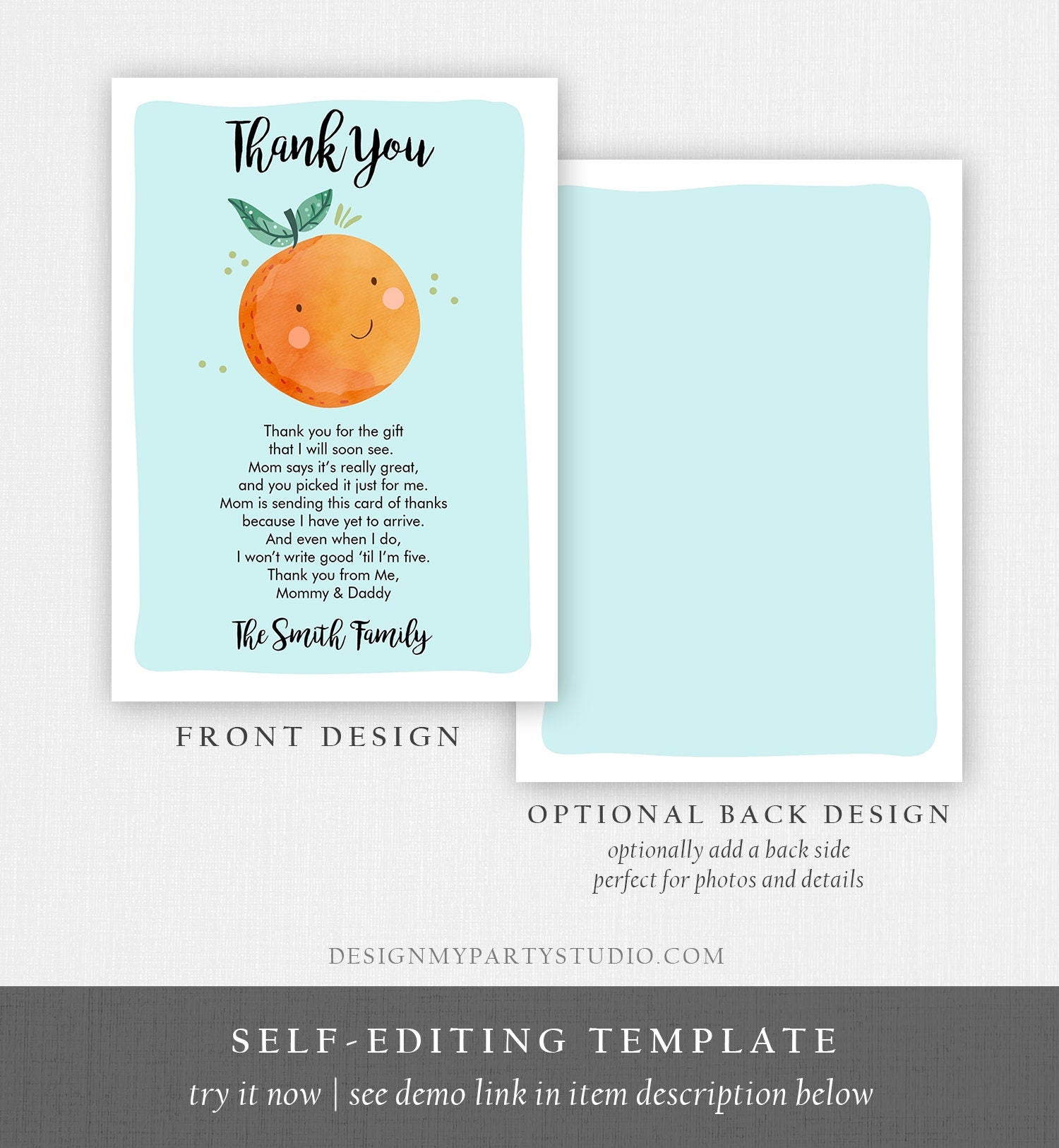 Editable A Little Cutie Thank You Card Baby Shower Clementine Orange Thank You Coed Shower Boy Blue Download Printable Corjl Template 0330