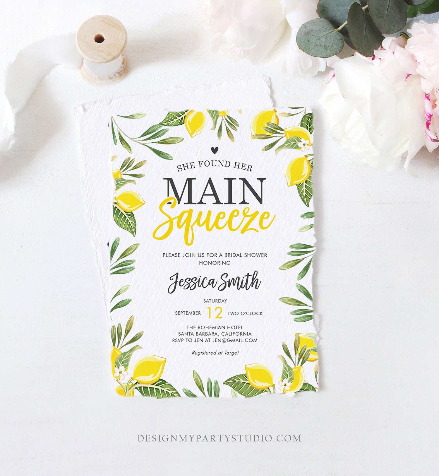 Editable Main Squeeze Bridal Shower Invitation She Found Her Lemon Citrus Rustic Wedding Greenery Lemonade Corjl Template Printable 0220