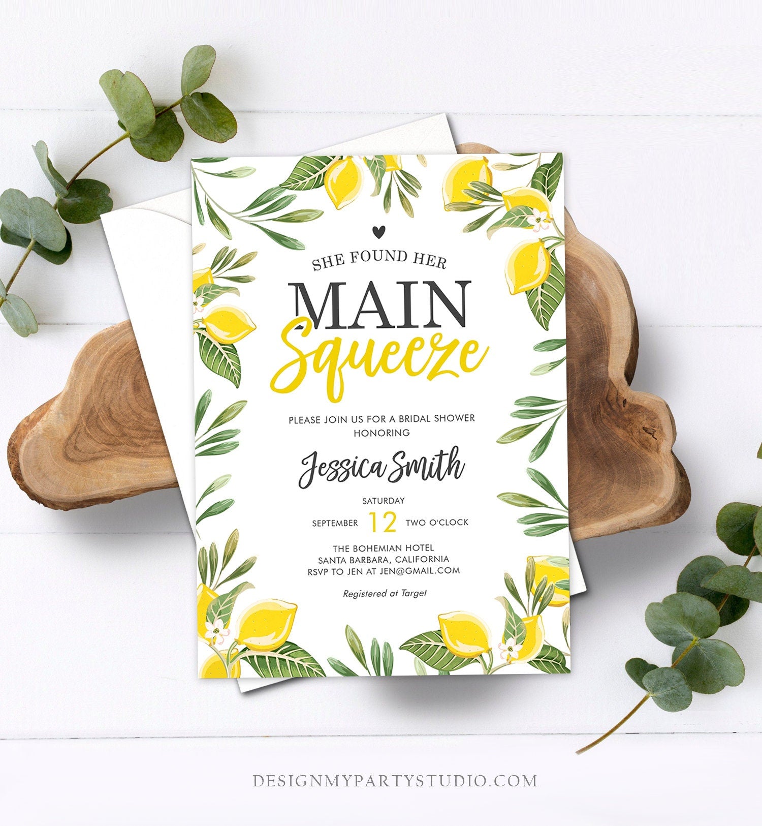 Editable Main Squeeze Bridal Shower Invitation She Found Her Lemon Citrus Rustic Wedding Greenery Lemonade Corjl Template Printable 0220