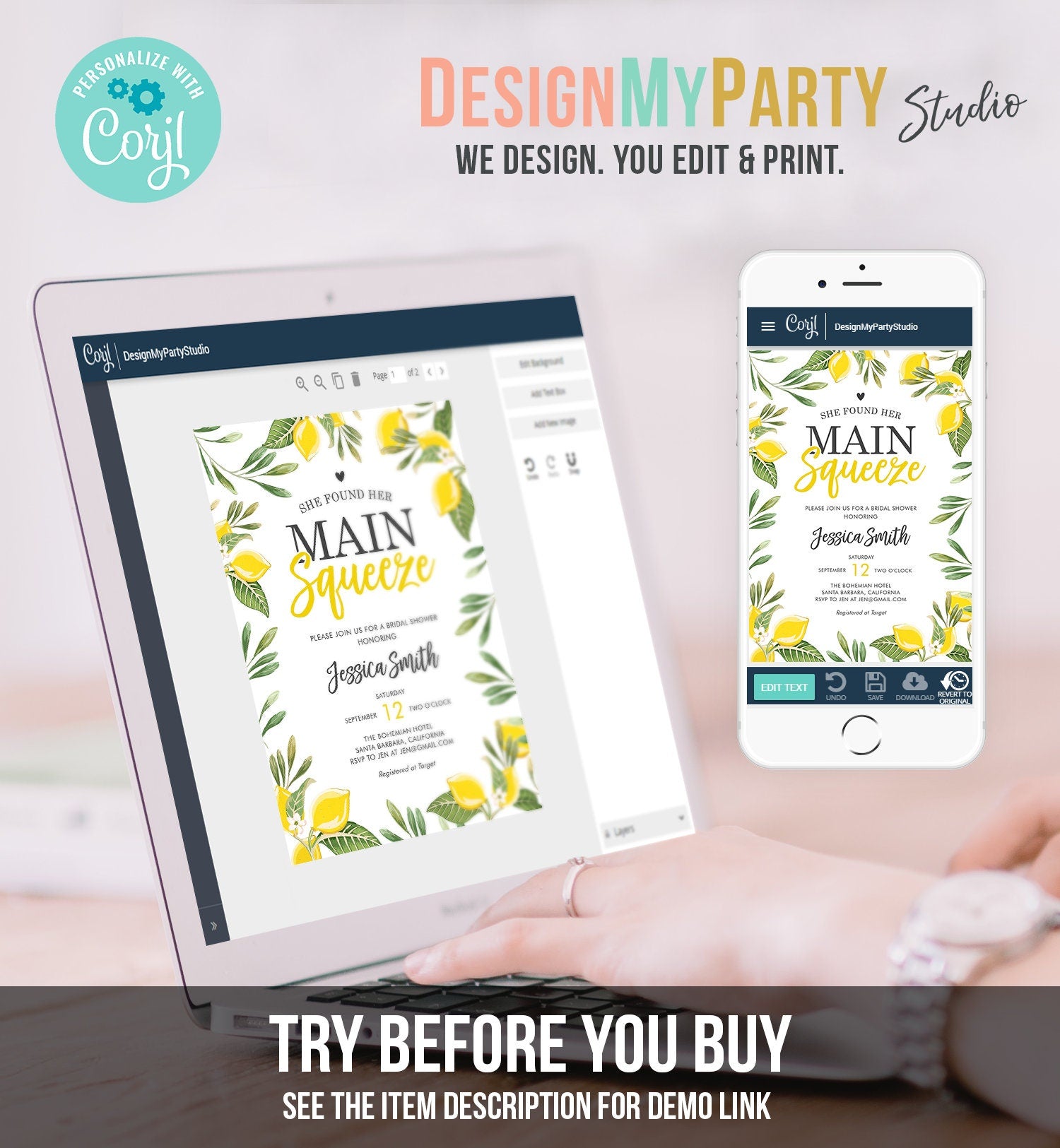 Editable Main Squeeze Bridal Shower Invitation She Found Her Lemon Citrus Rustic Wedding Greenery Lemonade Corjl Template Printable 0220