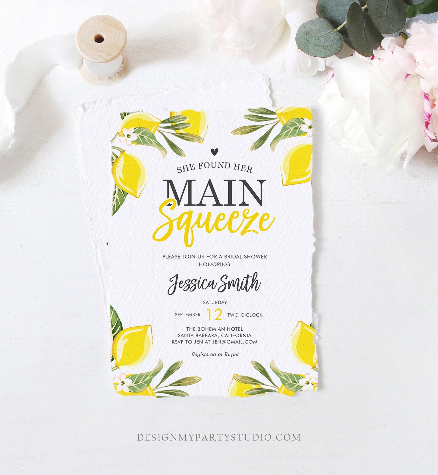 Editable Main Squeeze Bridal Shower Invitation She Found Her Lemon Citrus Rustic Wedding Greenery Lemonade Corjl Template Printable 0220