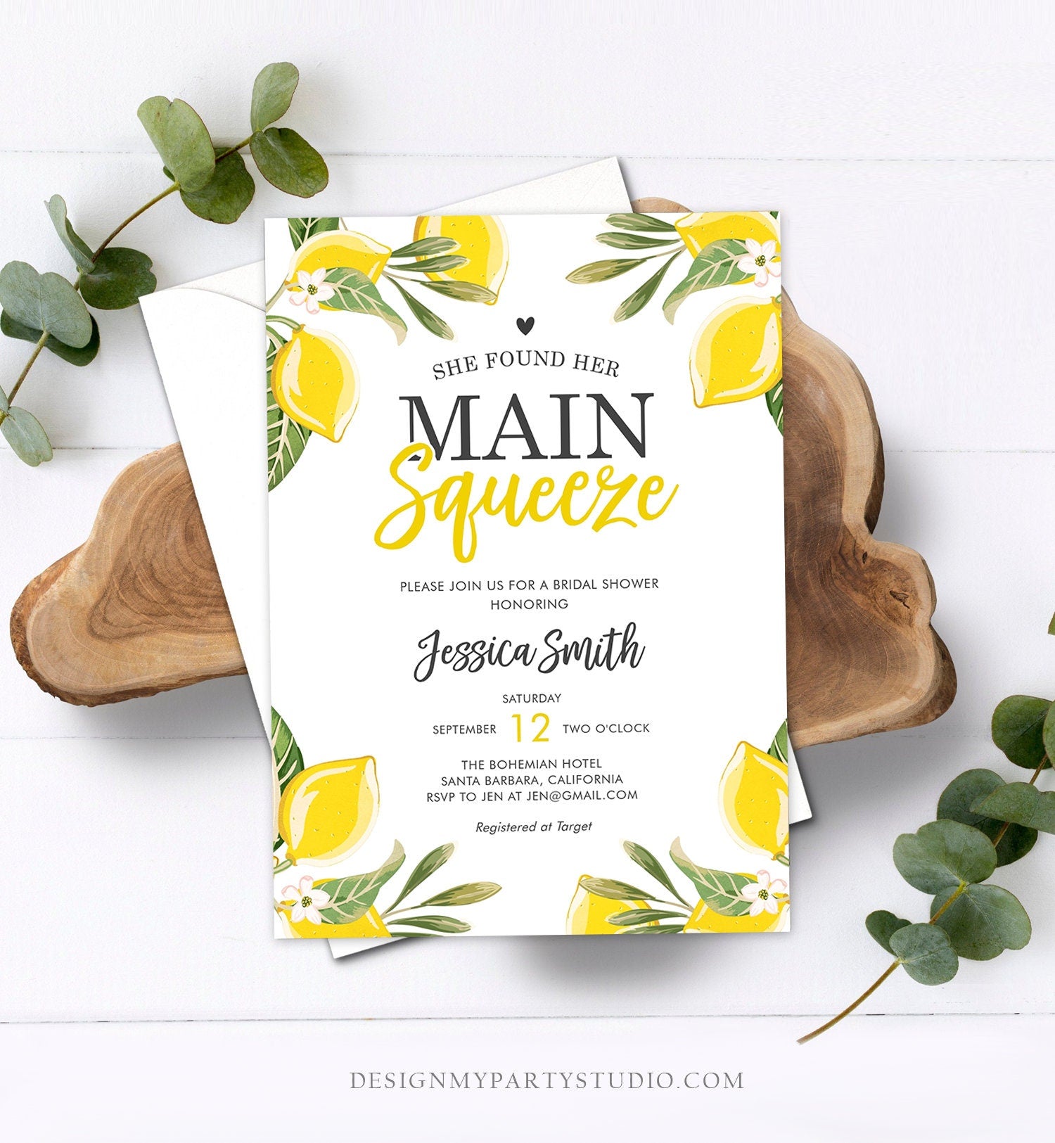 Editable Main Squeeze Bridal Shower Invitation She Found Her Lemon Citrus Rustic Wedding Greenery Lemonade Corjl Template Printable 0220