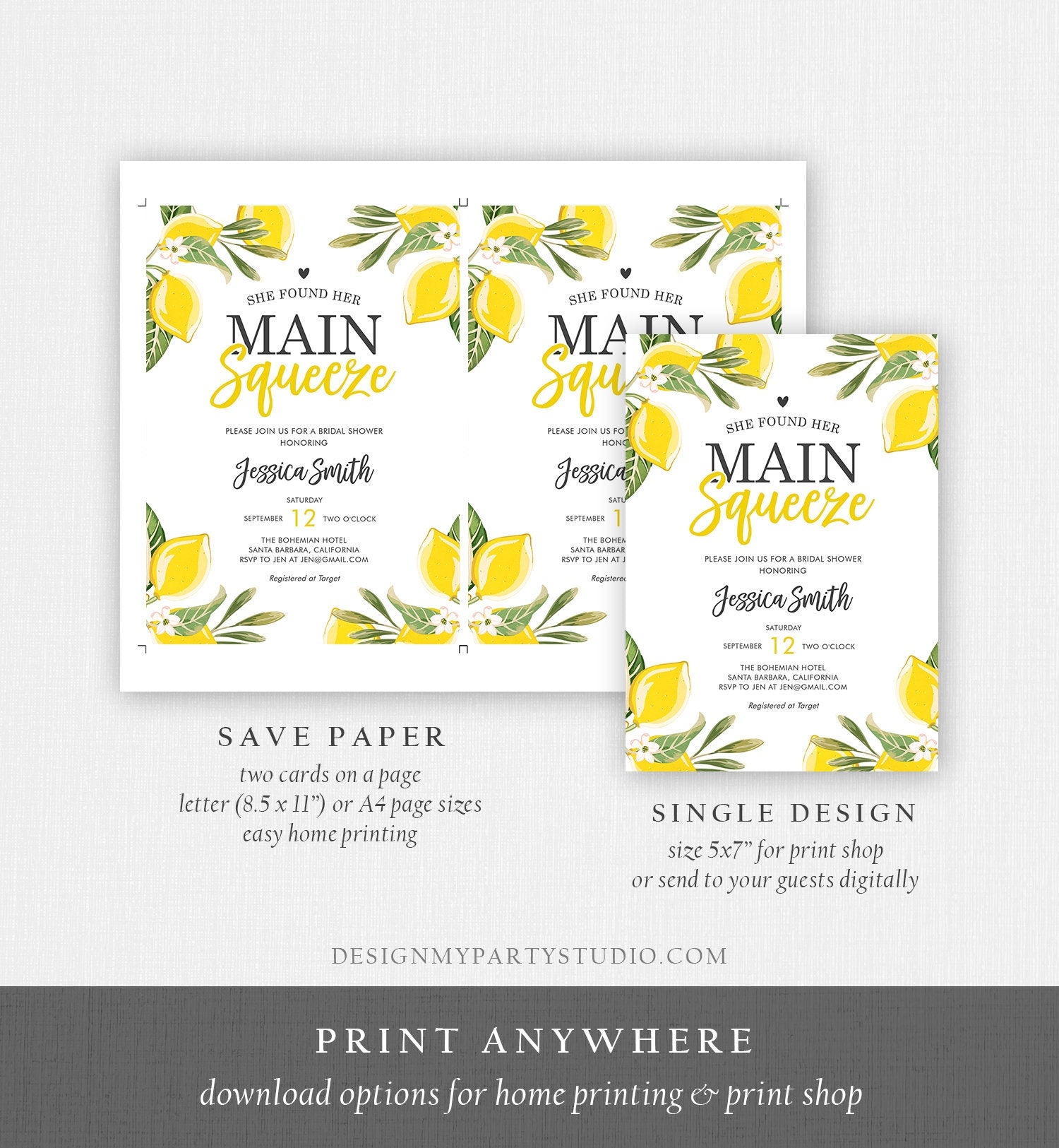 Editable Main Squeeze Bridal Shower Invitation She Found Her Lemon Citrus Rustic Wedding Greenery Lemonade Corjl Template Printable 0220