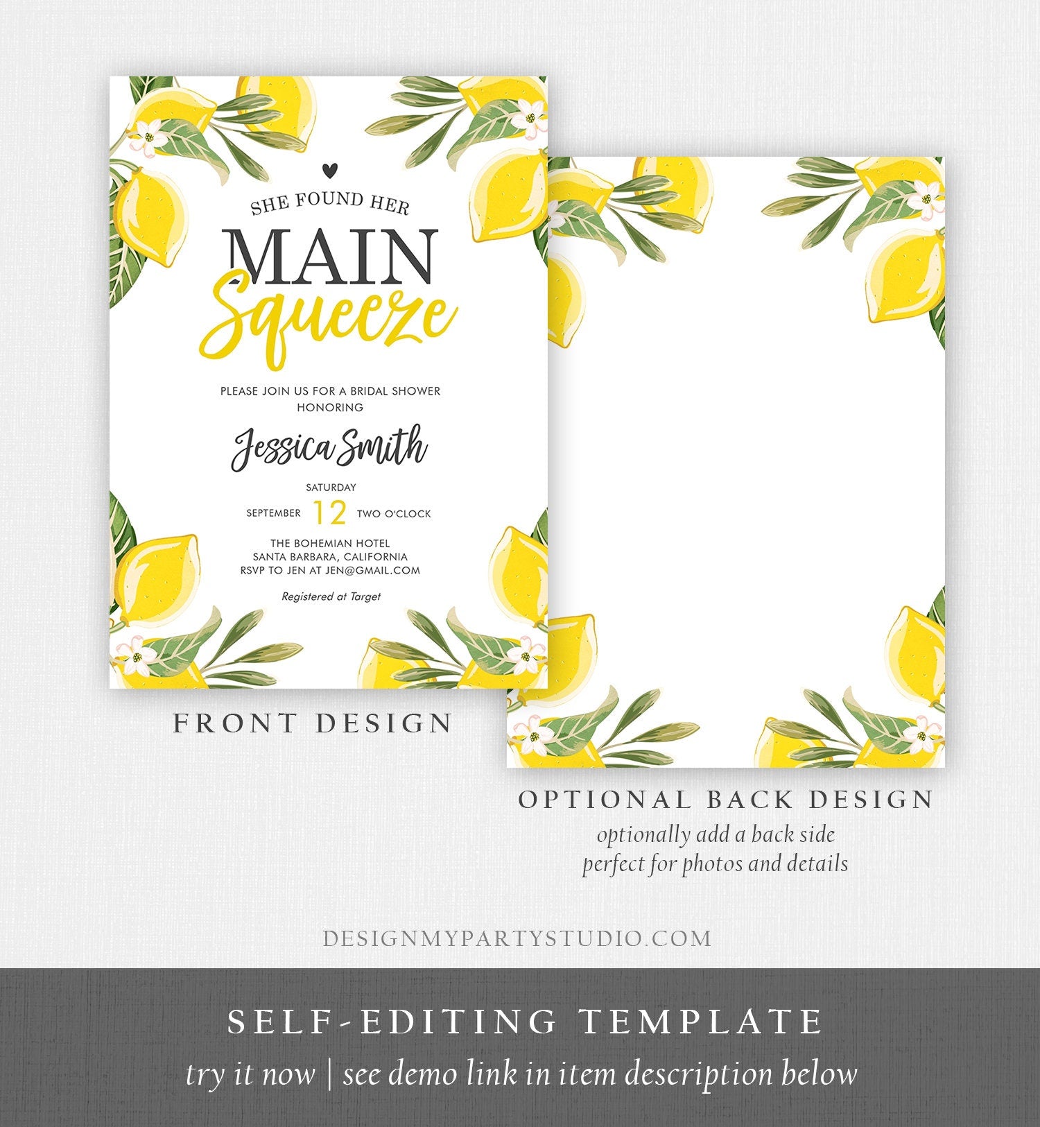 Editable Main Squeeze Bridal Shower Invitation She Found Her Lemon Citrus Rustic Wedding Greenery Lemonade Corjl Template Printable 0220