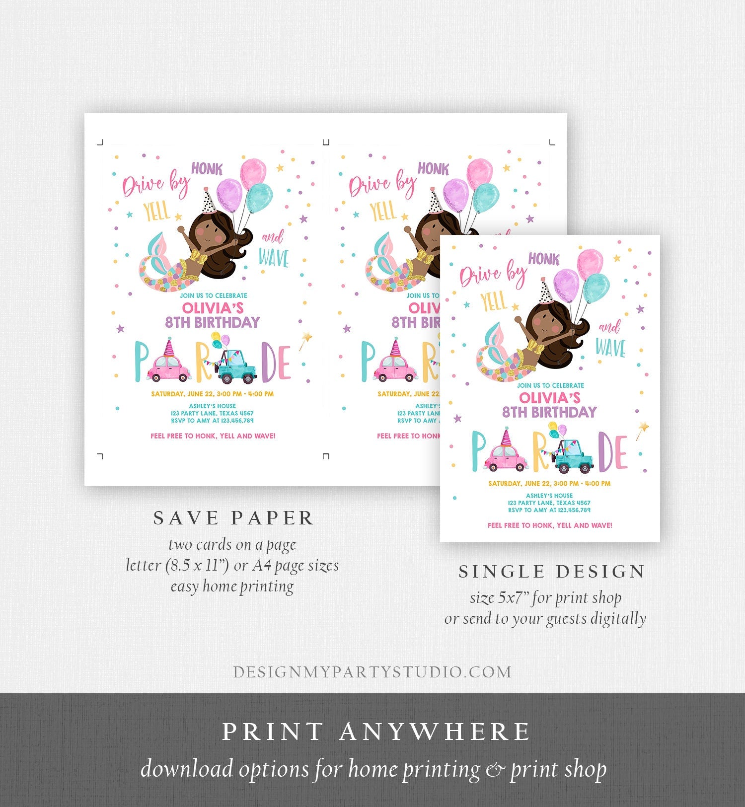 Editable Mermaid Drive By Birthday Parade Invitation Virtual Party Invite Honk Wave Car African American Girl Pink Gold Corjl Template 0338