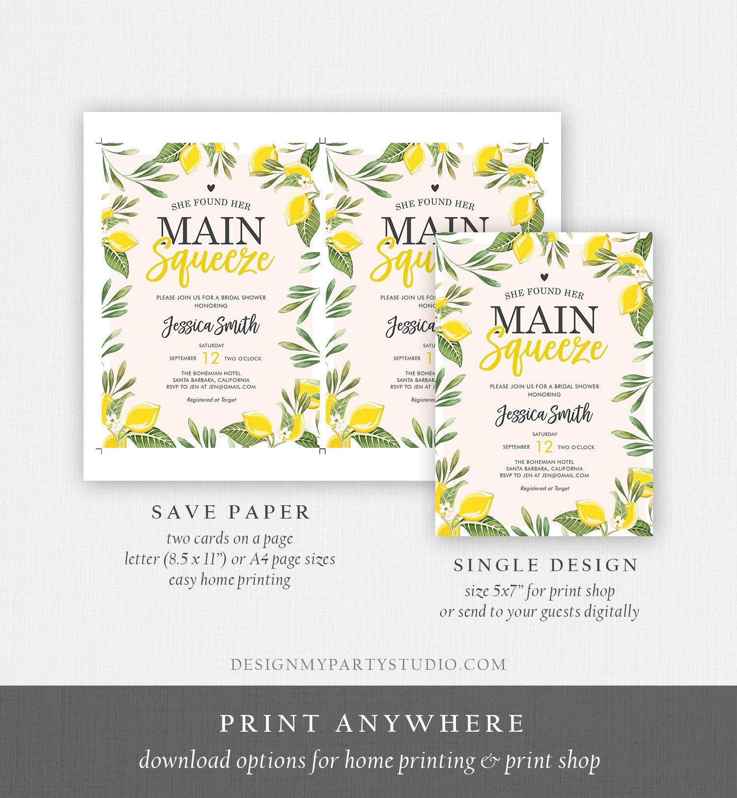 Editable Main Squeeze Bridal Shower Invitation She Found Her Lemon Citrus Rustic Wedding Greenery Lemonade Corjl Template Printable 0220