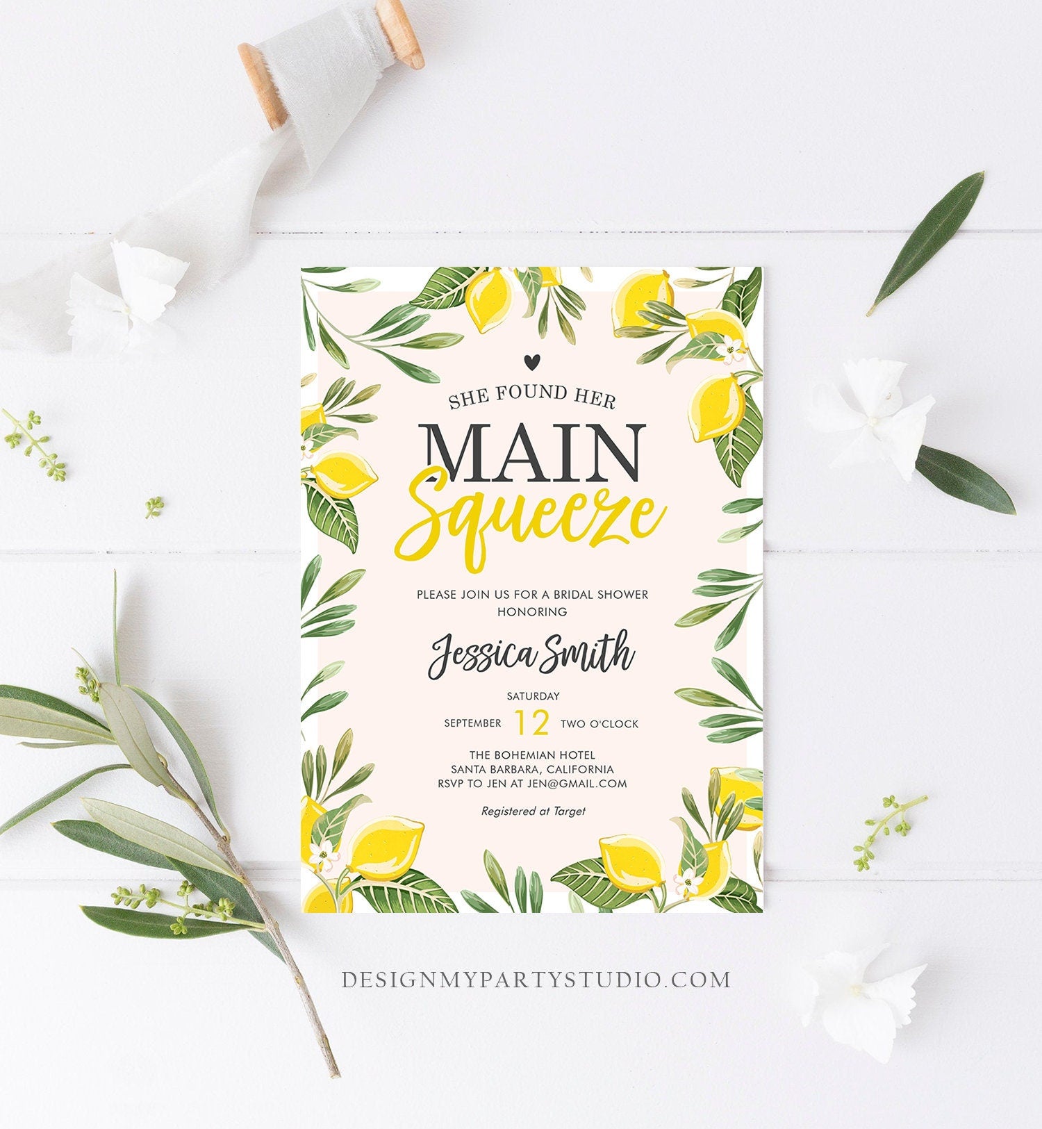 Editable Main Squeeze Bridal Shower Invitation She Found Her Lemon Citrus Rustic Wedding Greenery Lemonade Corjl Template Printable 0220