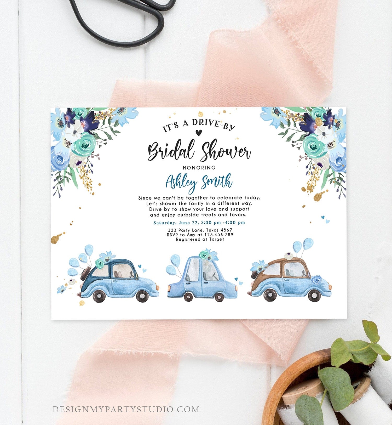 Editable Drive By Bridal Shower Invitation Navy Blue Floral Drive Through Couples Shower Social Distancing Bridal Shower Corjl Template 0335