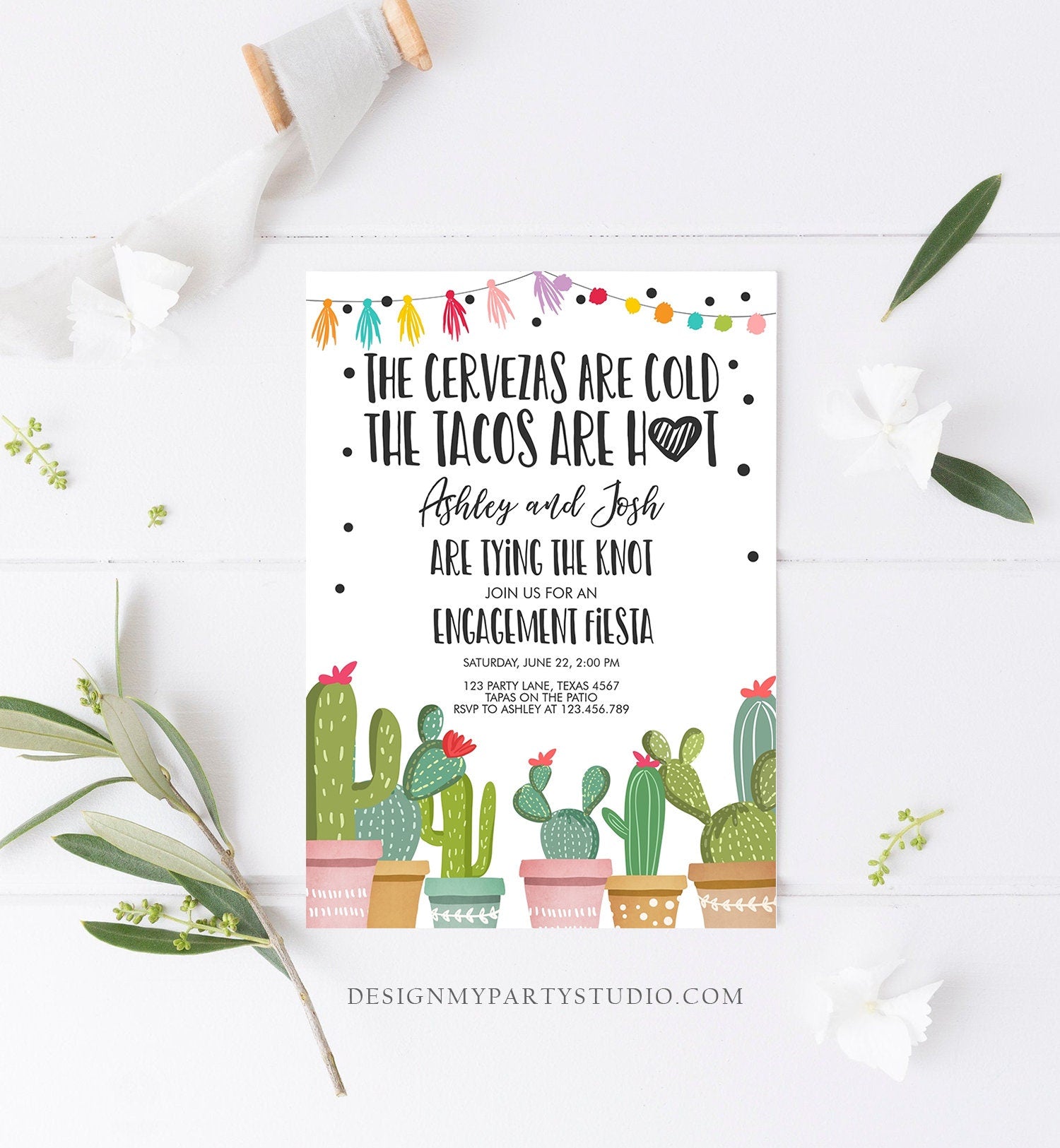 Editable Fiesta Engagement Invitation Bridal Shower Couples Shower Cactus Cervezas Cold Tacos Hot Tying Knot Printable Corjl Template 0254