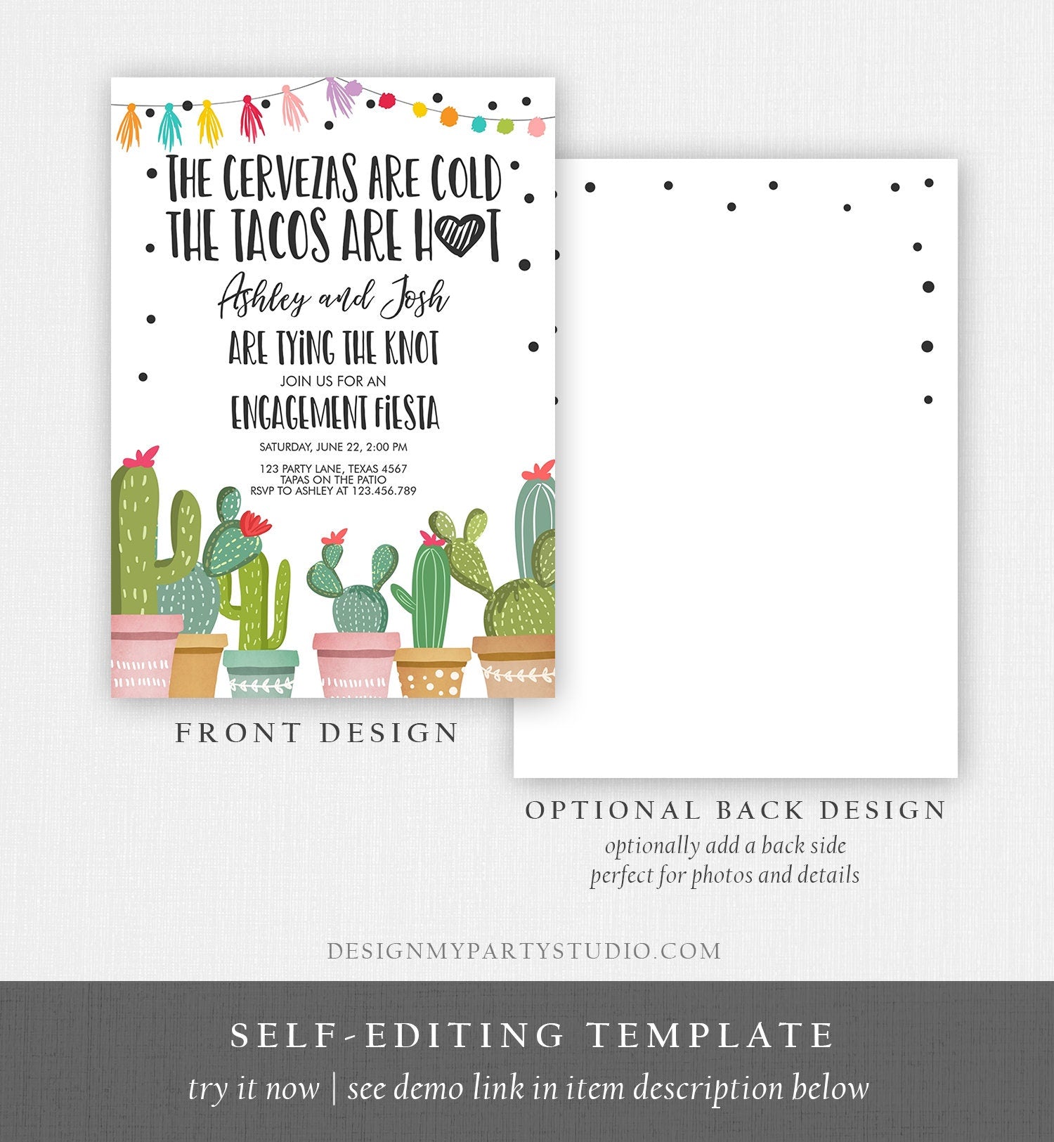 Editable Fiesta Engagement Invitation Bridal Shower Couples Shower Cactus Cervezas Cold Tacos Hot Tying Knot Printable Corjl Template 0254