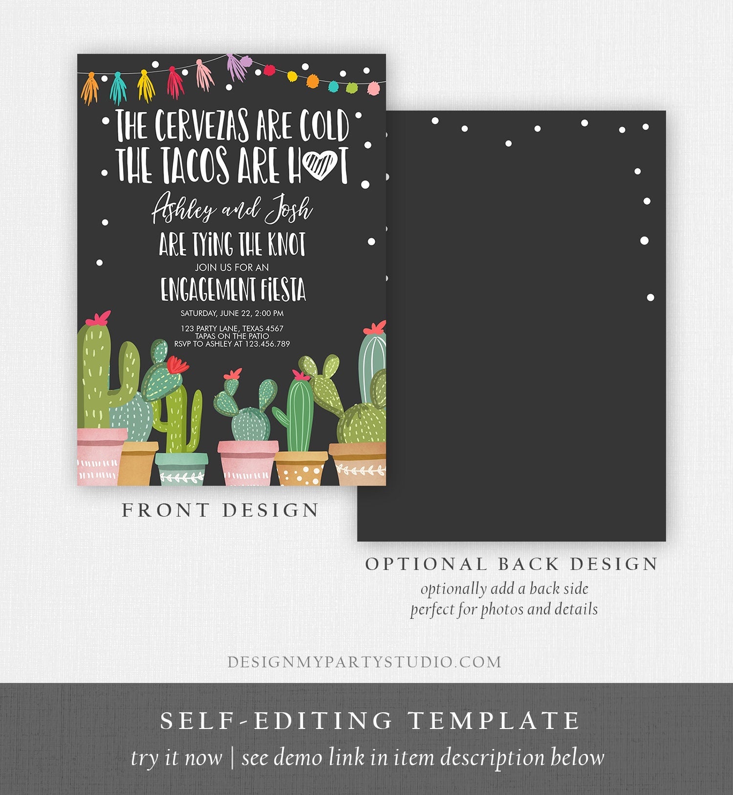 Editable Fiesta Engagement Invitation Bridal Shower Couples Shower Cactus Cervezas Cold Tacos Hot Tying Knot Printable Corjl Template 0254